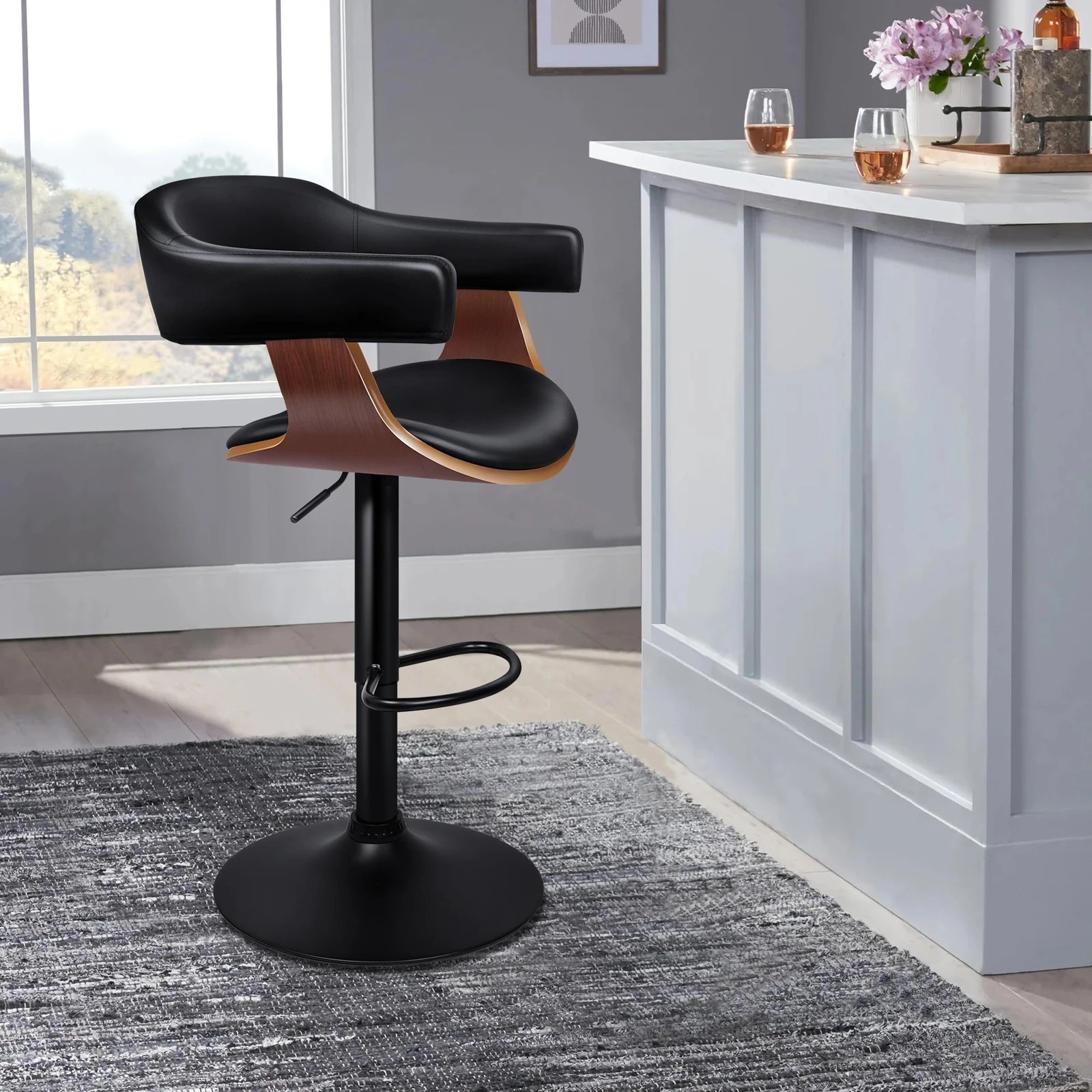 2 Alfordson 1x Bar Stool Joan Kitchen Swivel Chair Wooden Leather Gas Lift - Black, 2 of 9
