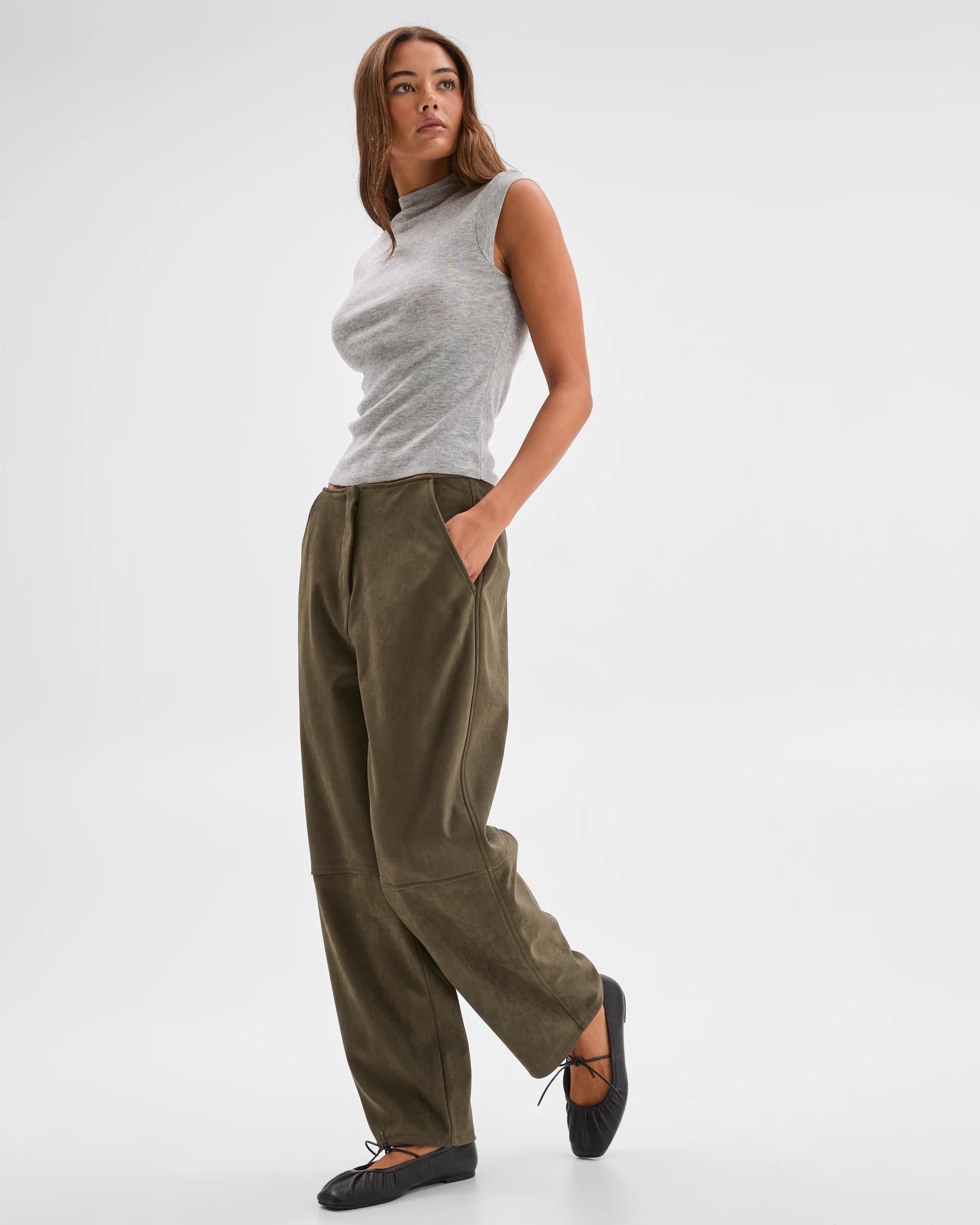 1 Lily Loves Faux Suede Barrel Leg Pants ARMY GREEN, 1 of 6