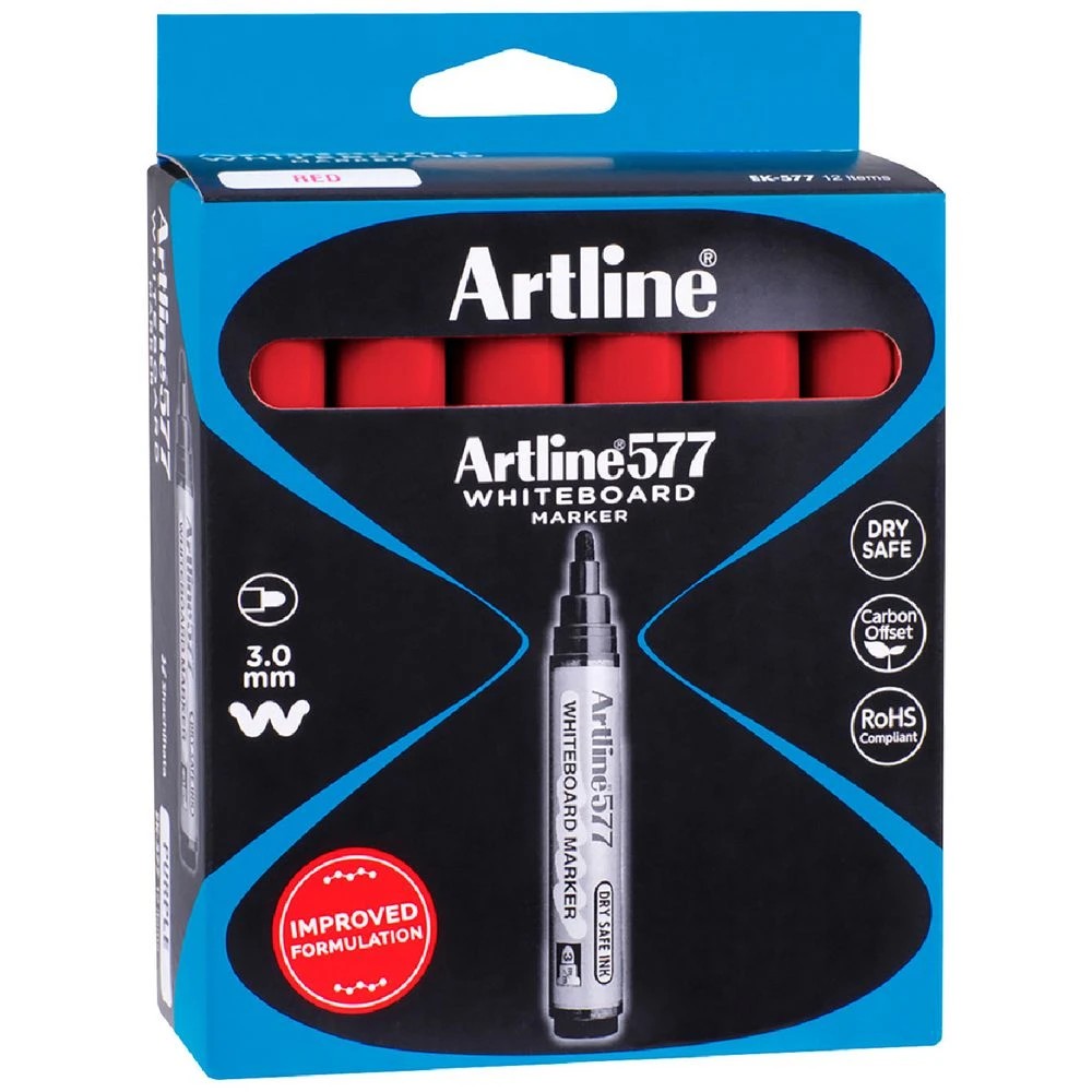 1 Artline 577 Whiteboard Markers Bullet Red 12 Pack, 1 of 3