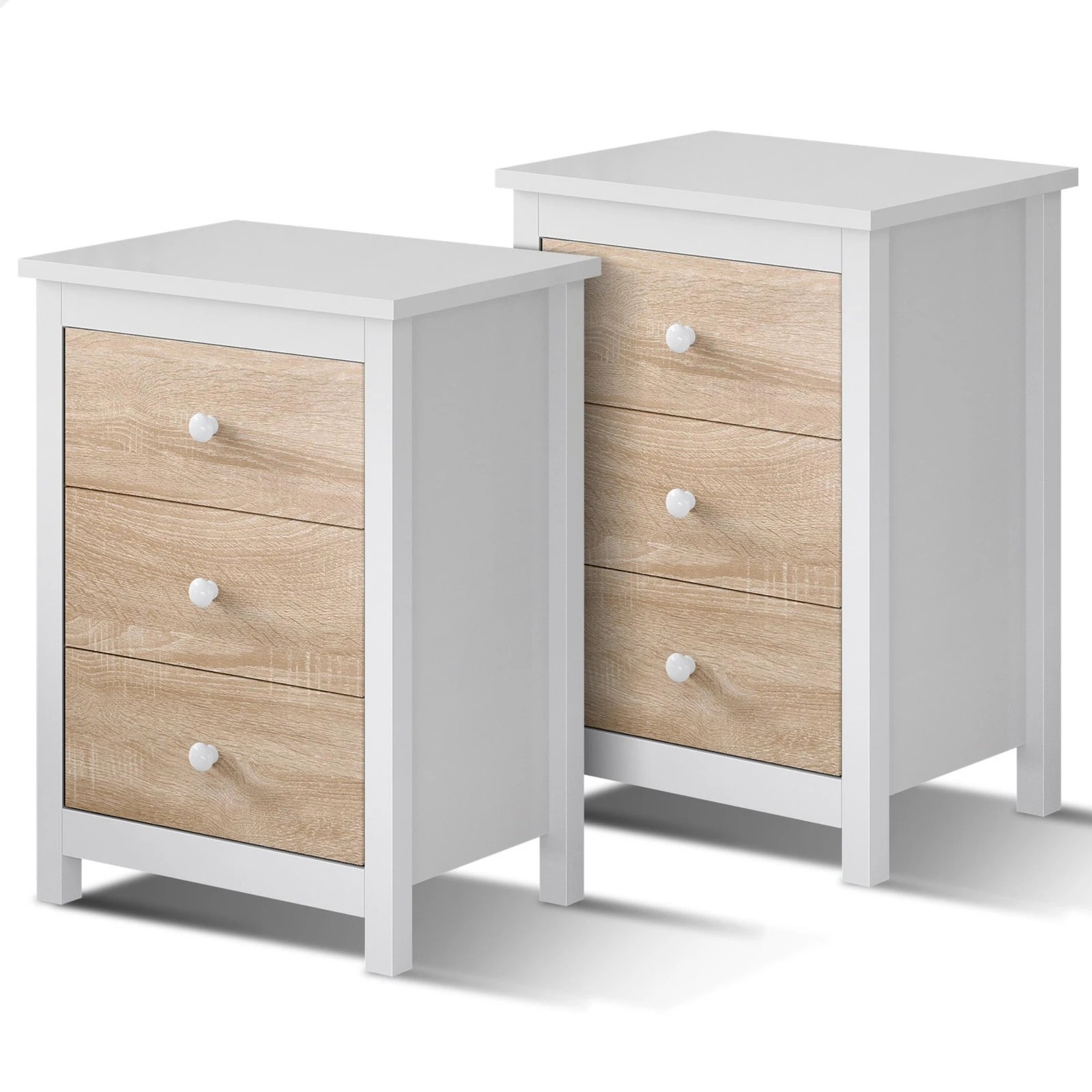 1 Alfordson 2x Bedside Table Hamptons Nightstand 3 Drawers - Oak, 1 of 10
