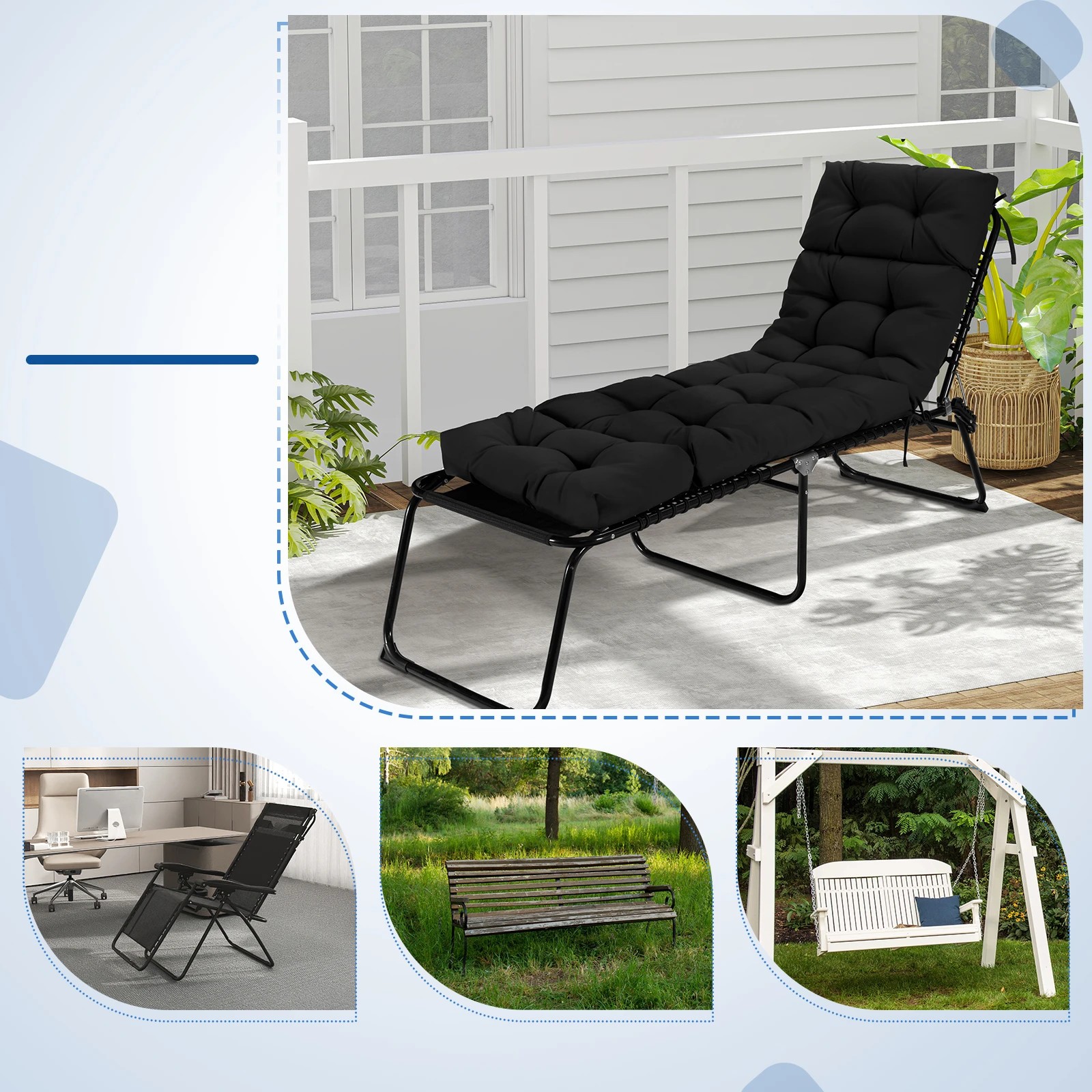 5 Costway 186x56cm Patio Lounge Chair Cushion Waterproof High Back Floor Lazy Recliner Cushion - Black, 5 of 7