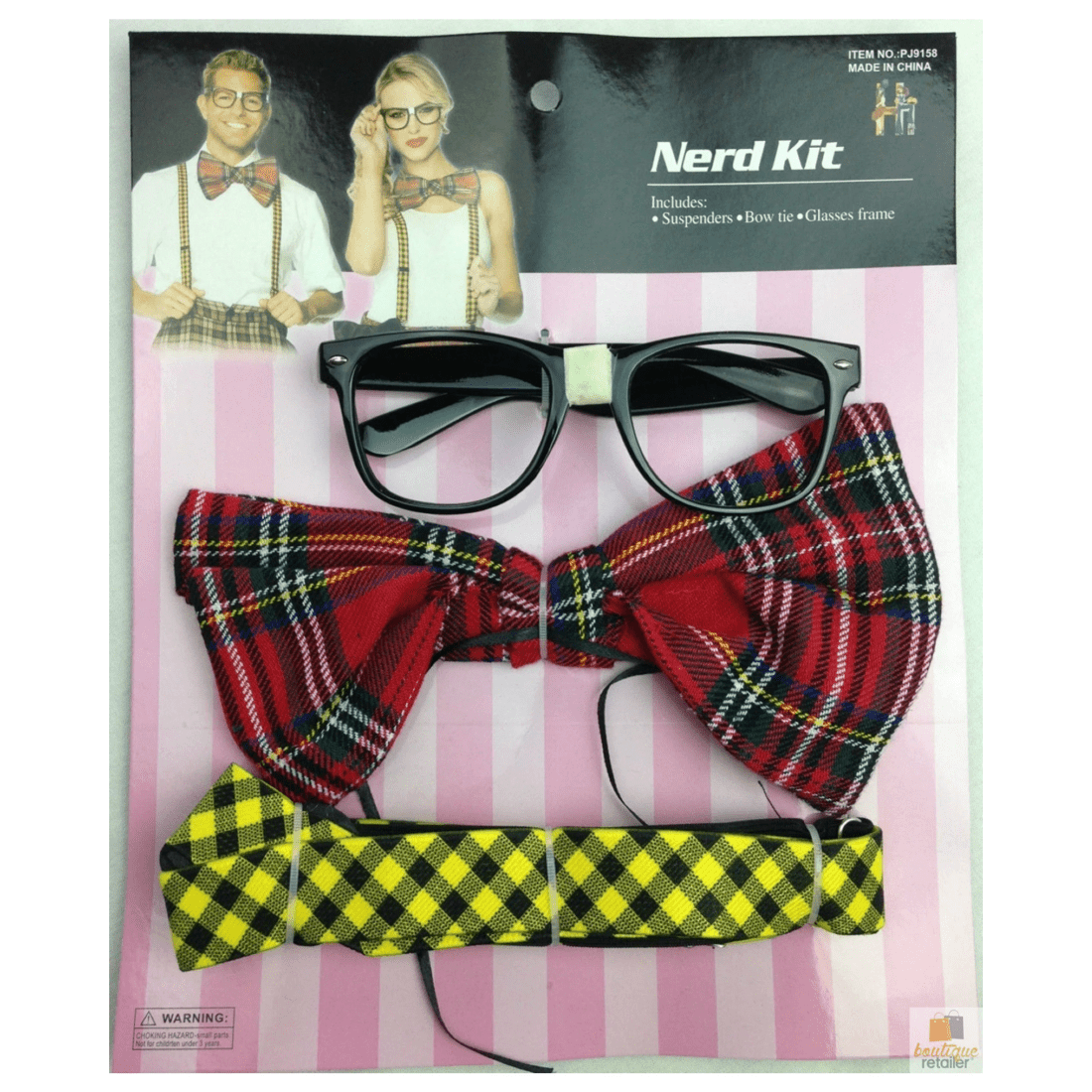 7 BR Costumes NERD COSTUME KIT Set Geek Glasses Fancy Dress Retro Funny Braces Bow Tie Party, 7 of 8
