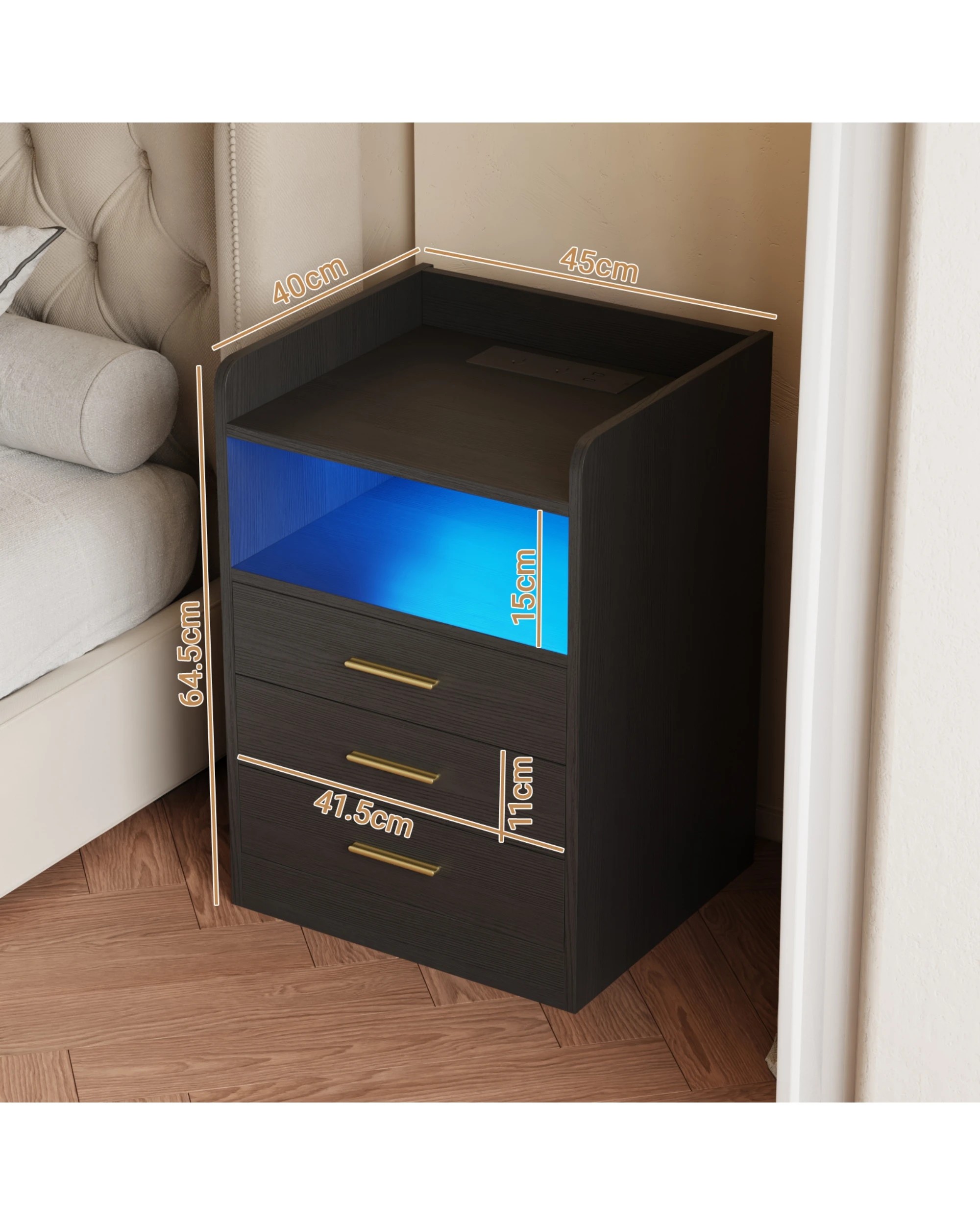 3 Advwin Bedside Table Set of 2 RGB LED Nightstand Charging Station 3 Drawers Cabinet - Black, 3 of 3