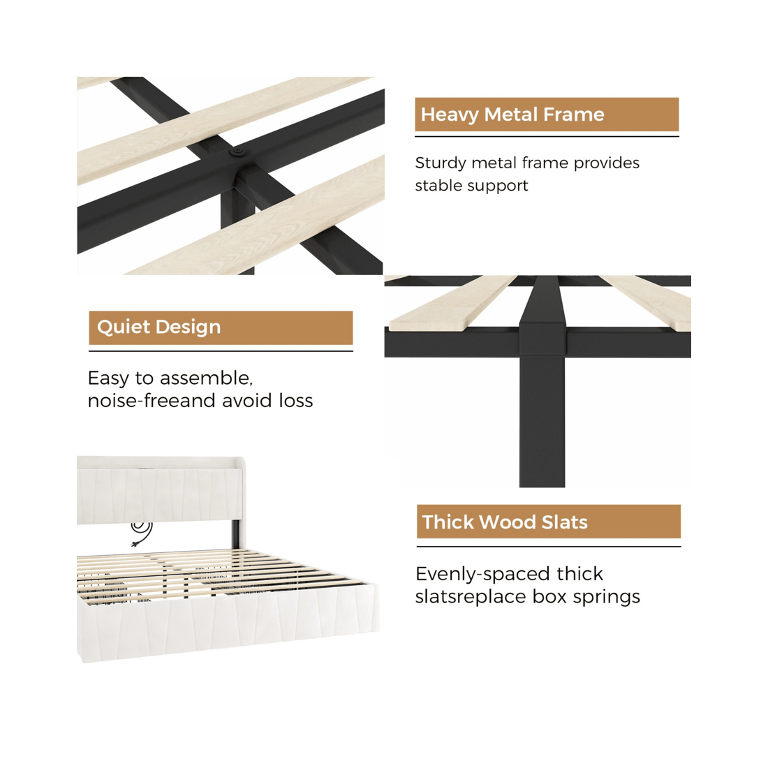 7 Advwin Double Bed Frame With 4 Storage Drawers & Charging Station Biege, 7 of 7