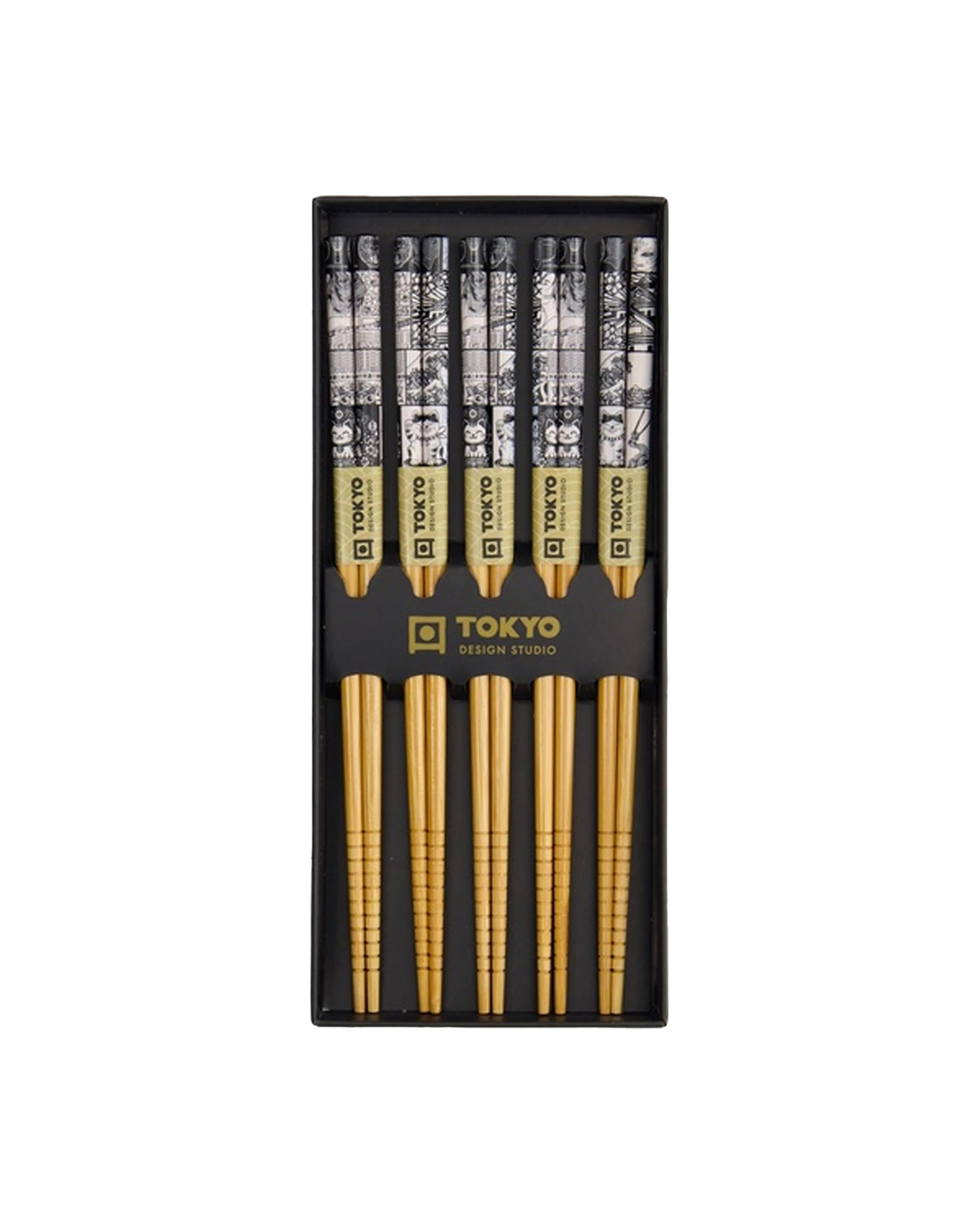 1 Tokyo Design 5pc Chopstick Set Tokyo Fan Lacquered Wood Reusable - Black, 1 of 5