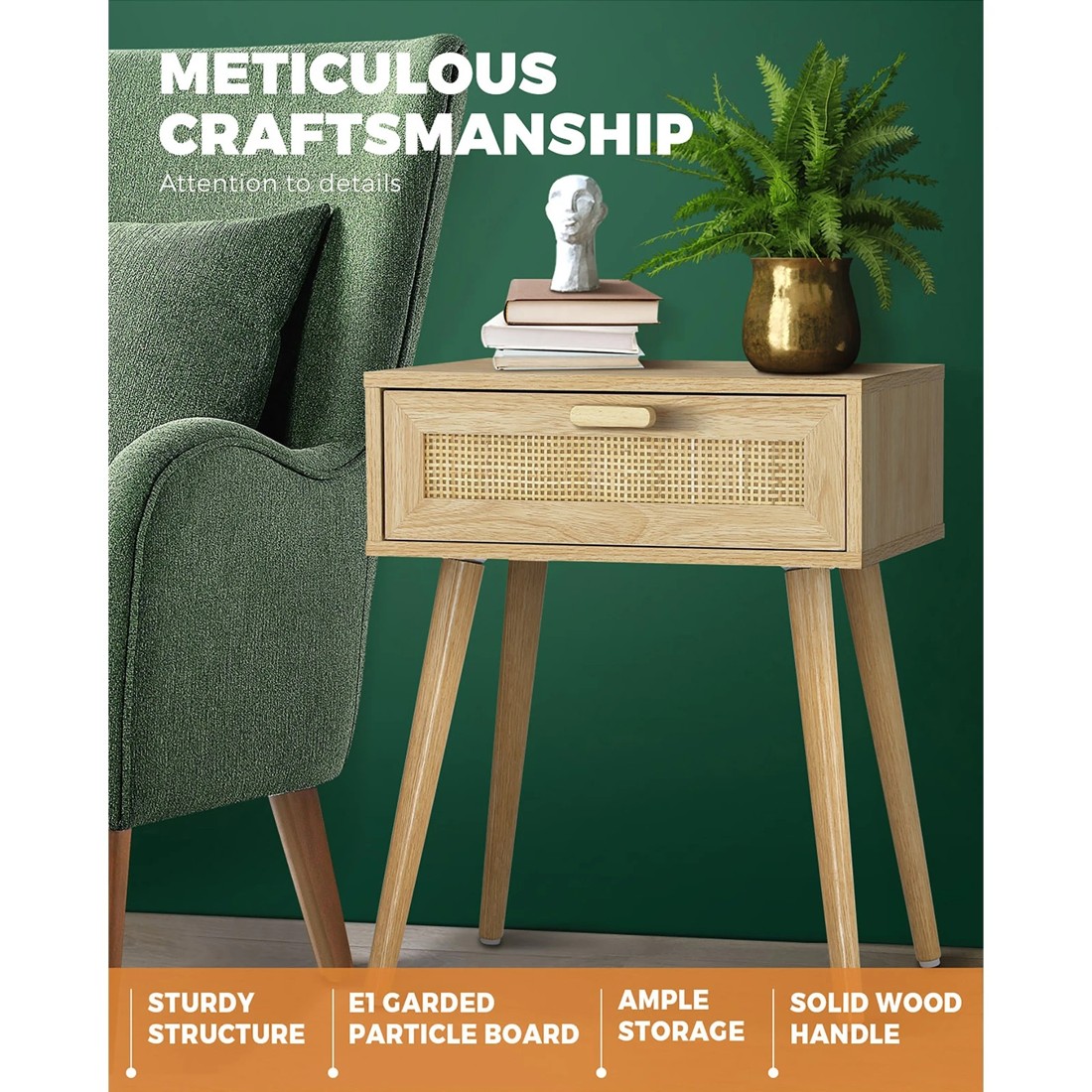 3 Oikiture Bedside Table Drawer Storage Cabinet Nightstand Rattan
 - Natural, 3 of 10