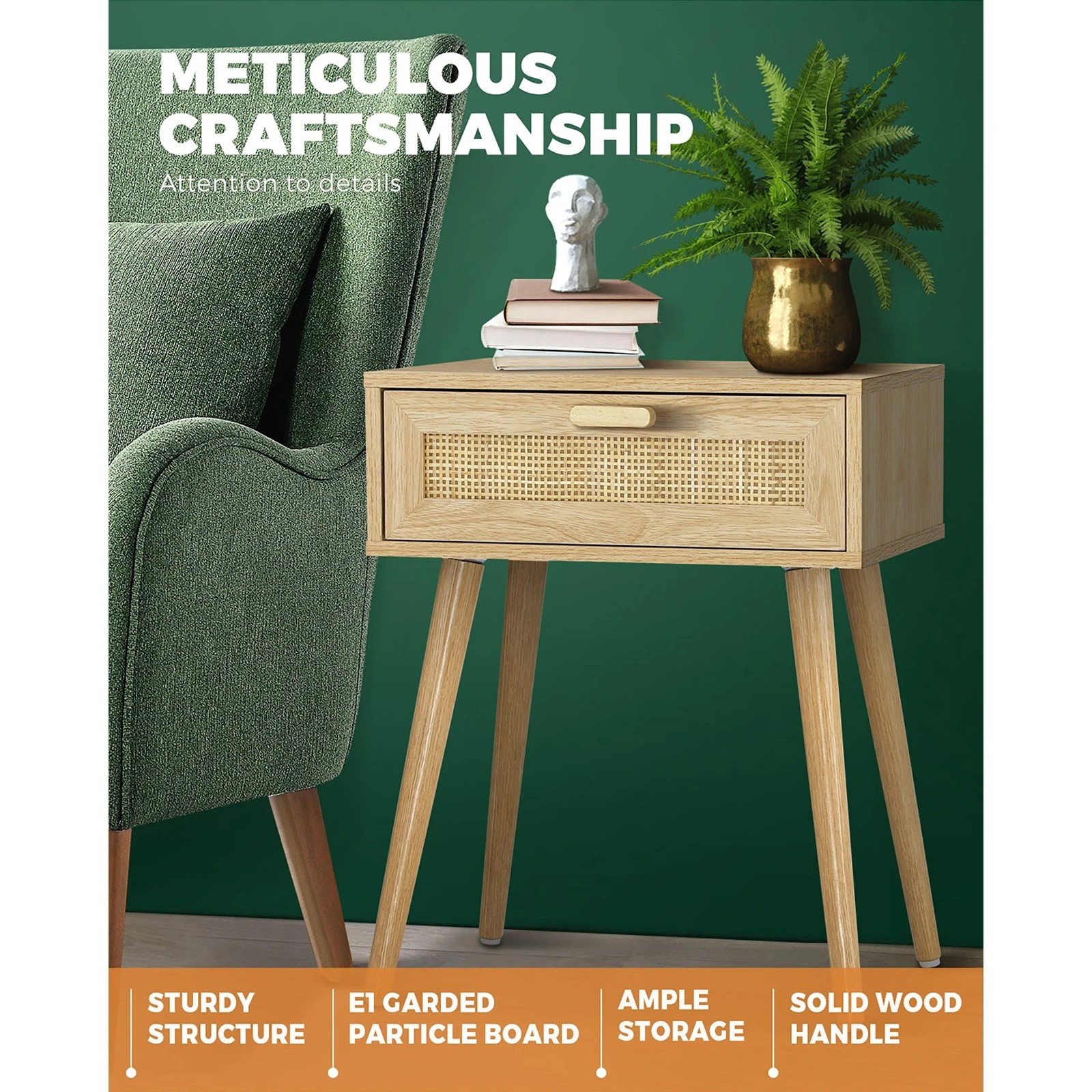 3 Oikiture Bedside Table Drawer Storage Cabinet Nightstand Rattan
 - Natural, 3 of 10