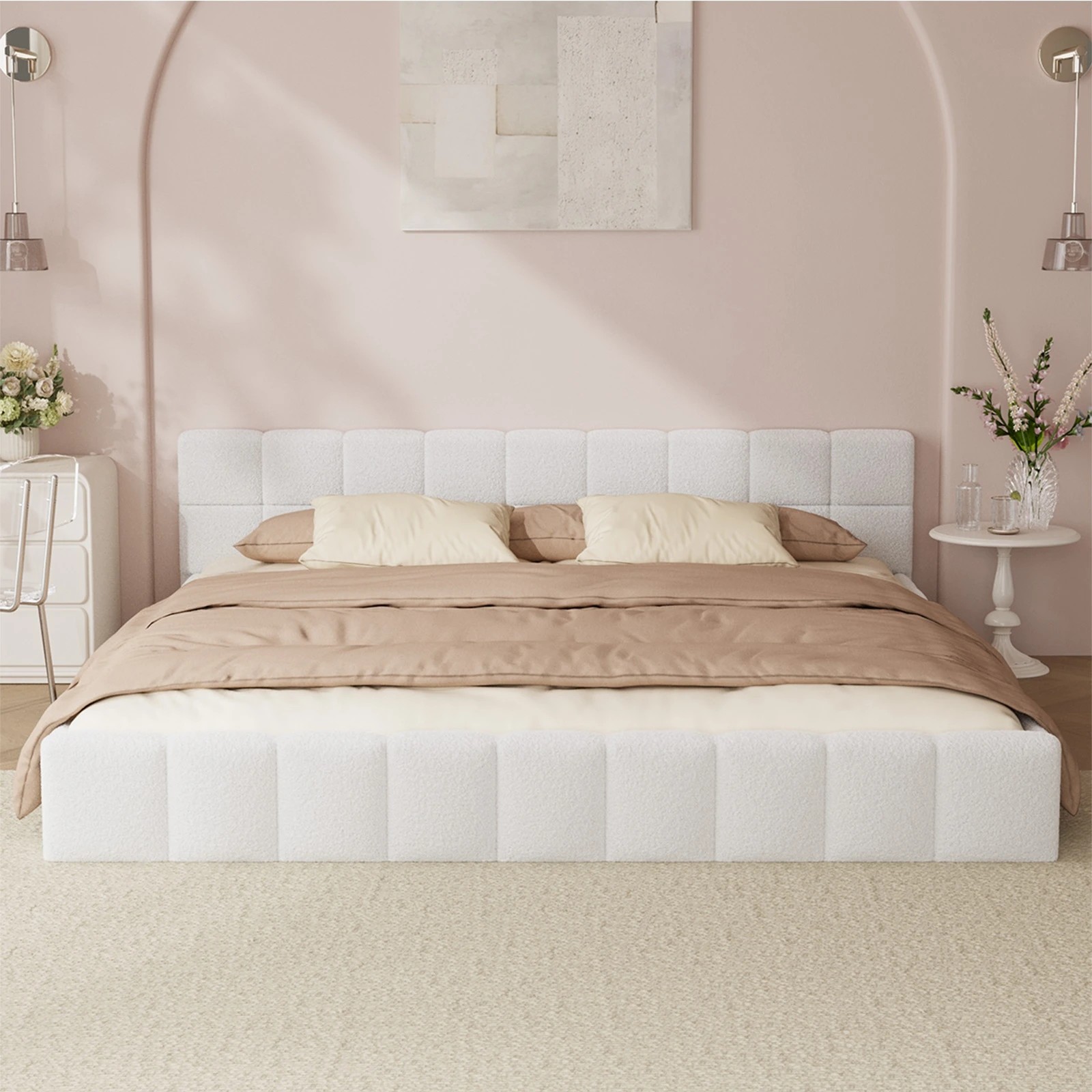 4 Oikiture Bed Frame King Size Tufted Headboard Boucle - White, 4 of 7