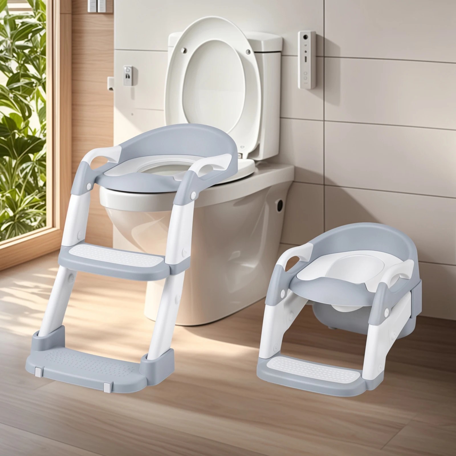 3 Advwin Foldable 2-in-1 Toddler Potty Training Seat with Stool Ladder Height Adjustable Toilet Training Seat - Grey, 3 of 10