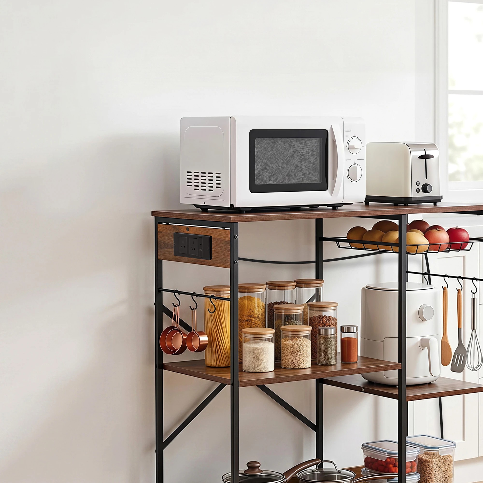 5 Artiss 3-Tier Kitchen Bakers Rack with 2 Power Outlets Microwave Stand 6 Hooks 90CM - Brown, 5 of 9
