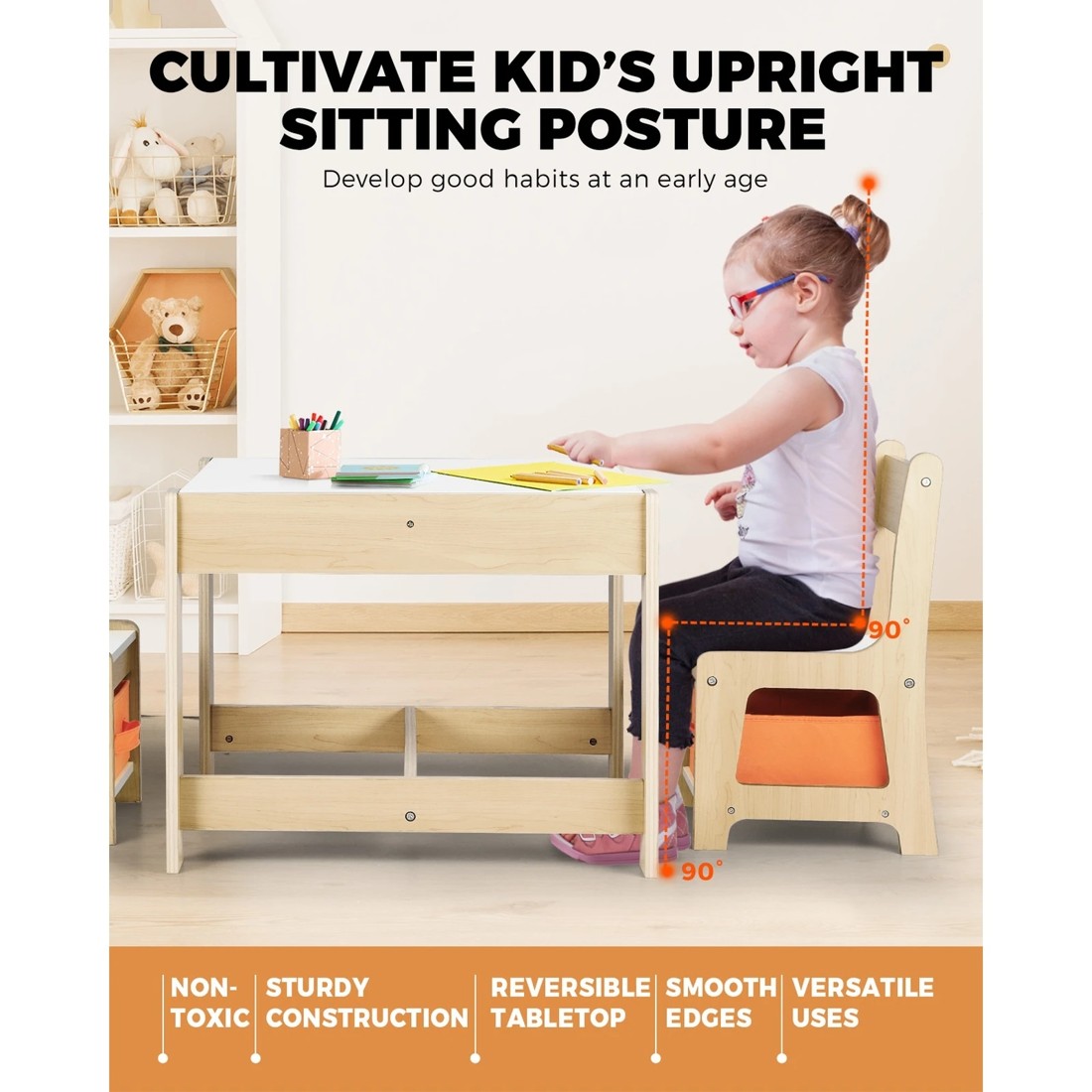 3 Oikiture Kids Table And Chairs Set Activity Play Study Desk Toys Storage Box
 - Natural, 3 of 10