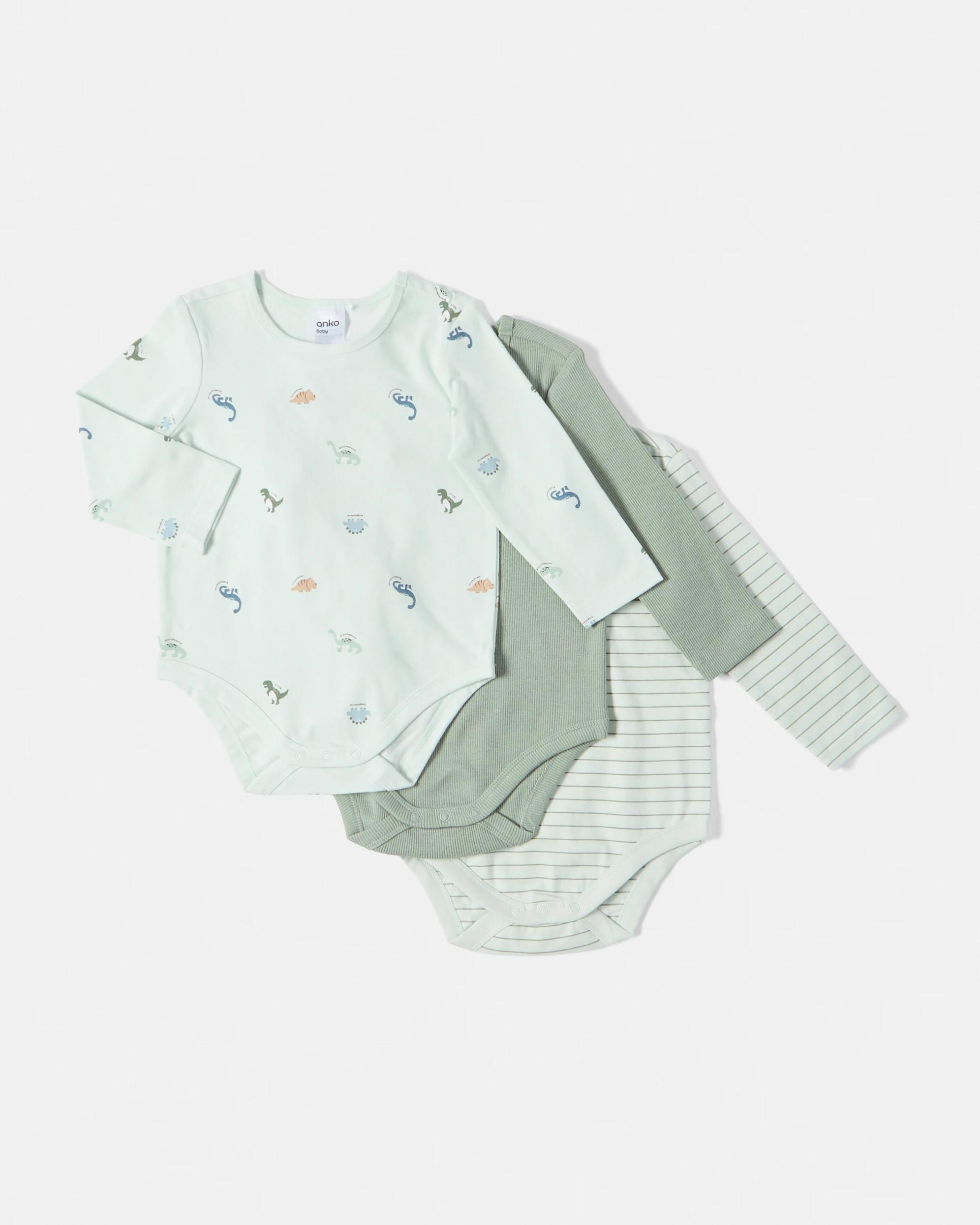1 3 Pack Cotton Long Sleeve Bodysuits Grn Dino, 1 of 8