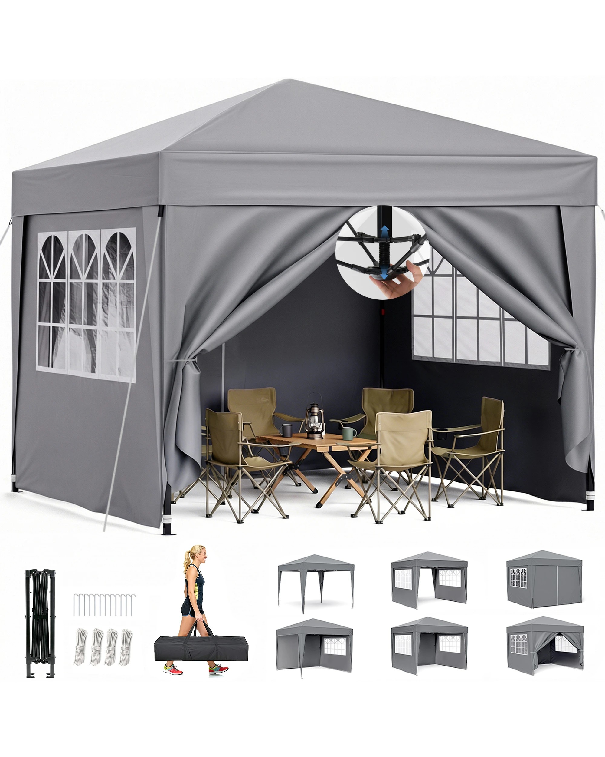 1 Advwin Gazebo Marquee 3x3m Folding Pop-up Canopy with Sidewalls - Gray, 1 of 8