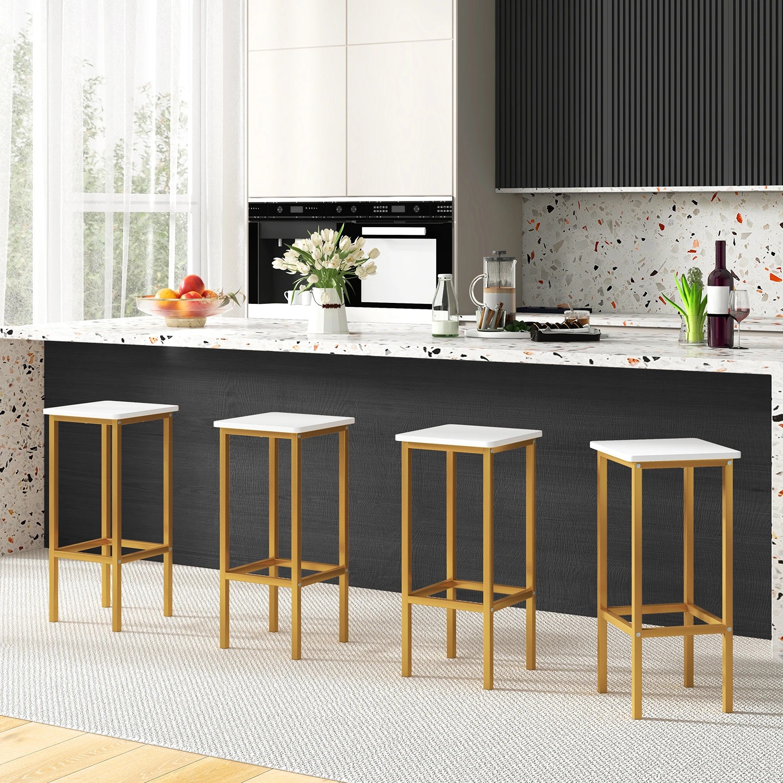 2 Costway 65cm Square Bar Stool Set 4x Breakfast Barstool Kitchen Island Counter Dining Chair - White, 2 of 4