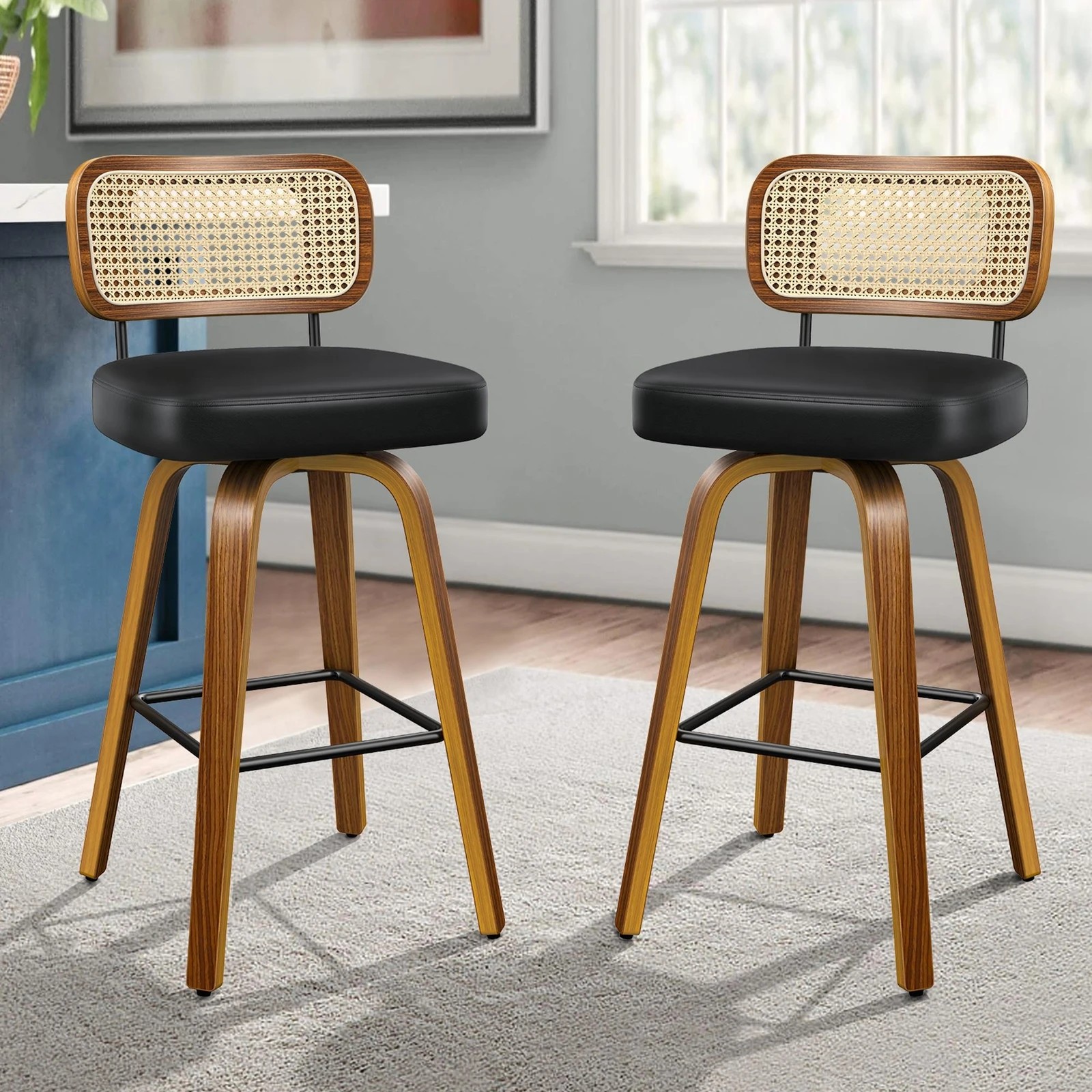 8 Alfordson 2x Bar Stools Kitchen Vintage Leather Seat Rattan Chair - Black, 8 of 9