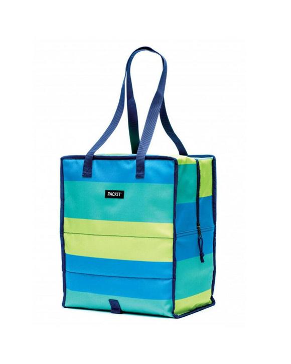 Packit Freezable Grocery Tote Bag Fresh Stripes Blue