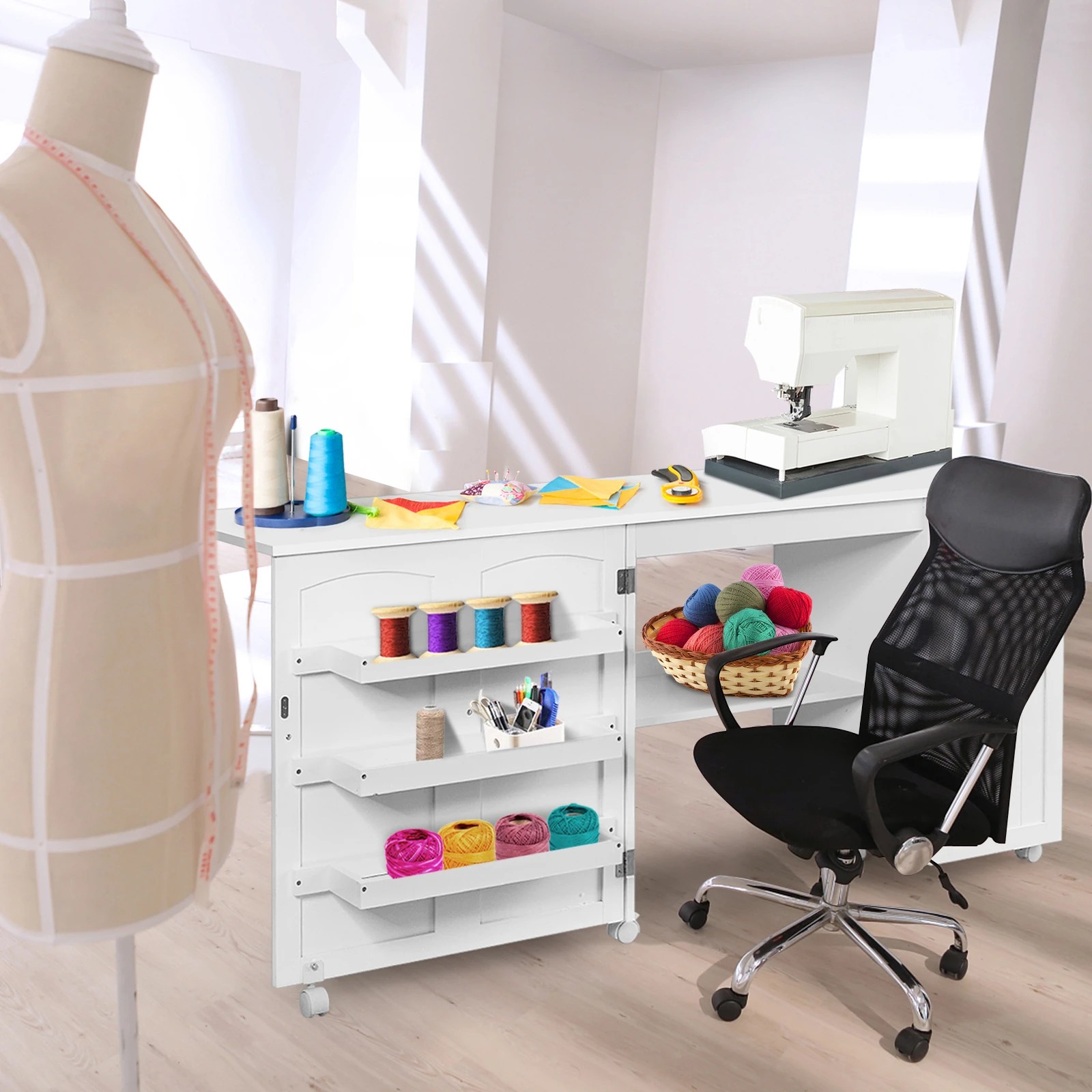3 Costway Foldable Sewing Table Rolling Drop Leaf Craft Table w/Storage Bins - White, 3 of 5