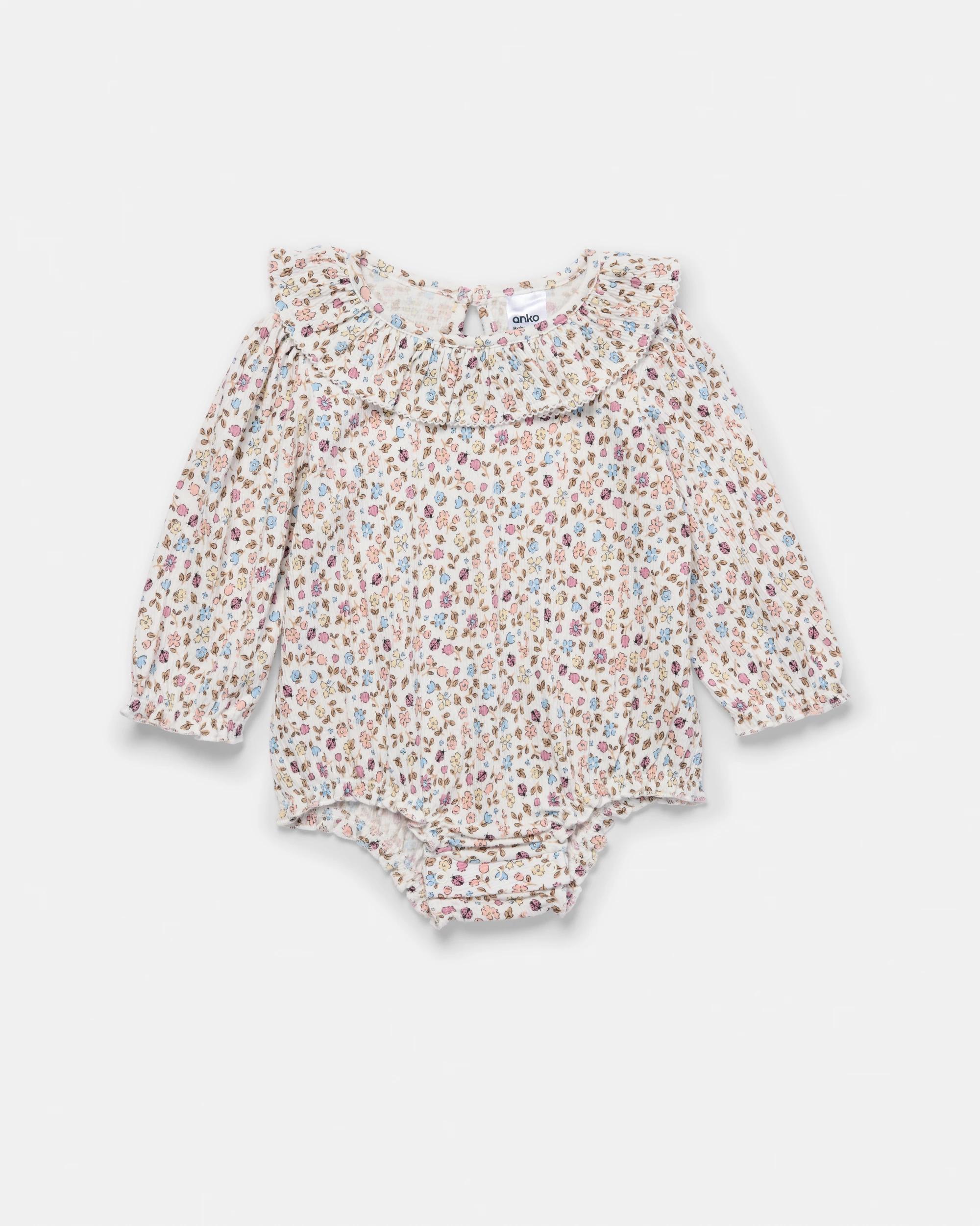 1 Long Sleeve Crinkle Frill Collar Bodysuit Wht Ditsy, 1 of 3