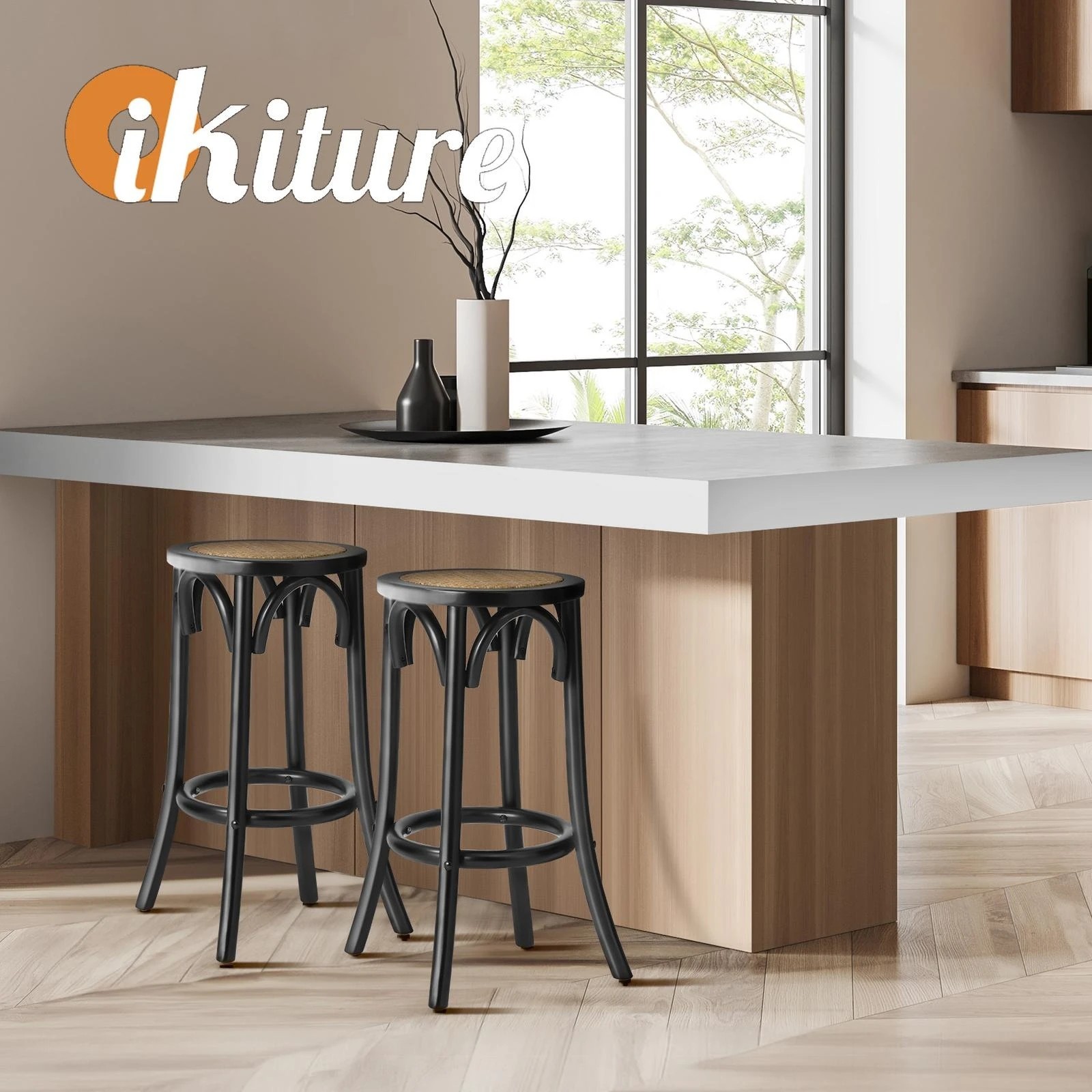 5 Oikiture Set Of 4 Bar Stools Kitchen Vintage Dining Chair Rattan Seat
 - Black, 5 of 10