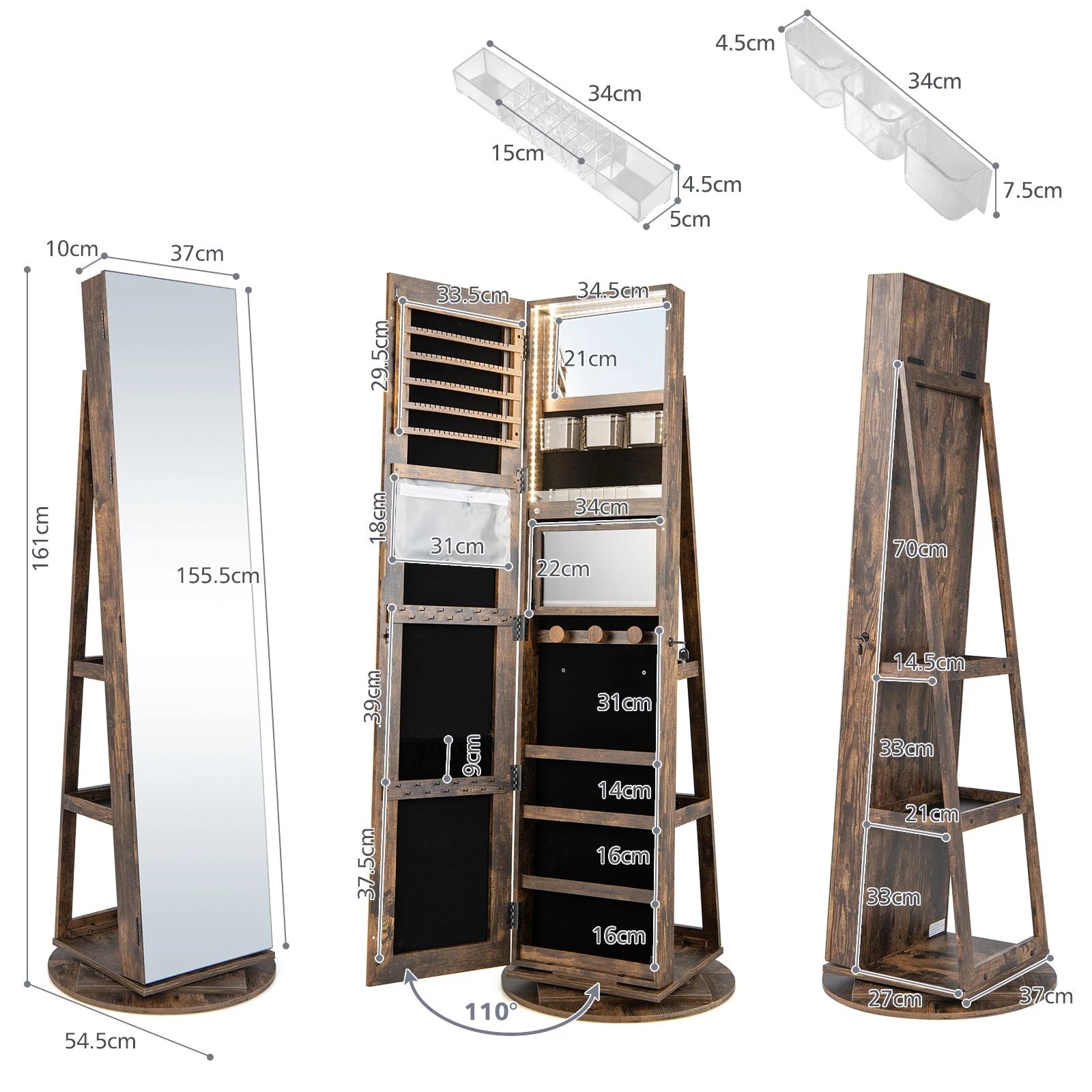 4 Costway 360° Rotating LED Jewellery Cabinet Full Length Mirror Armoire Makeup Cabinet - Brown, 4 of 4