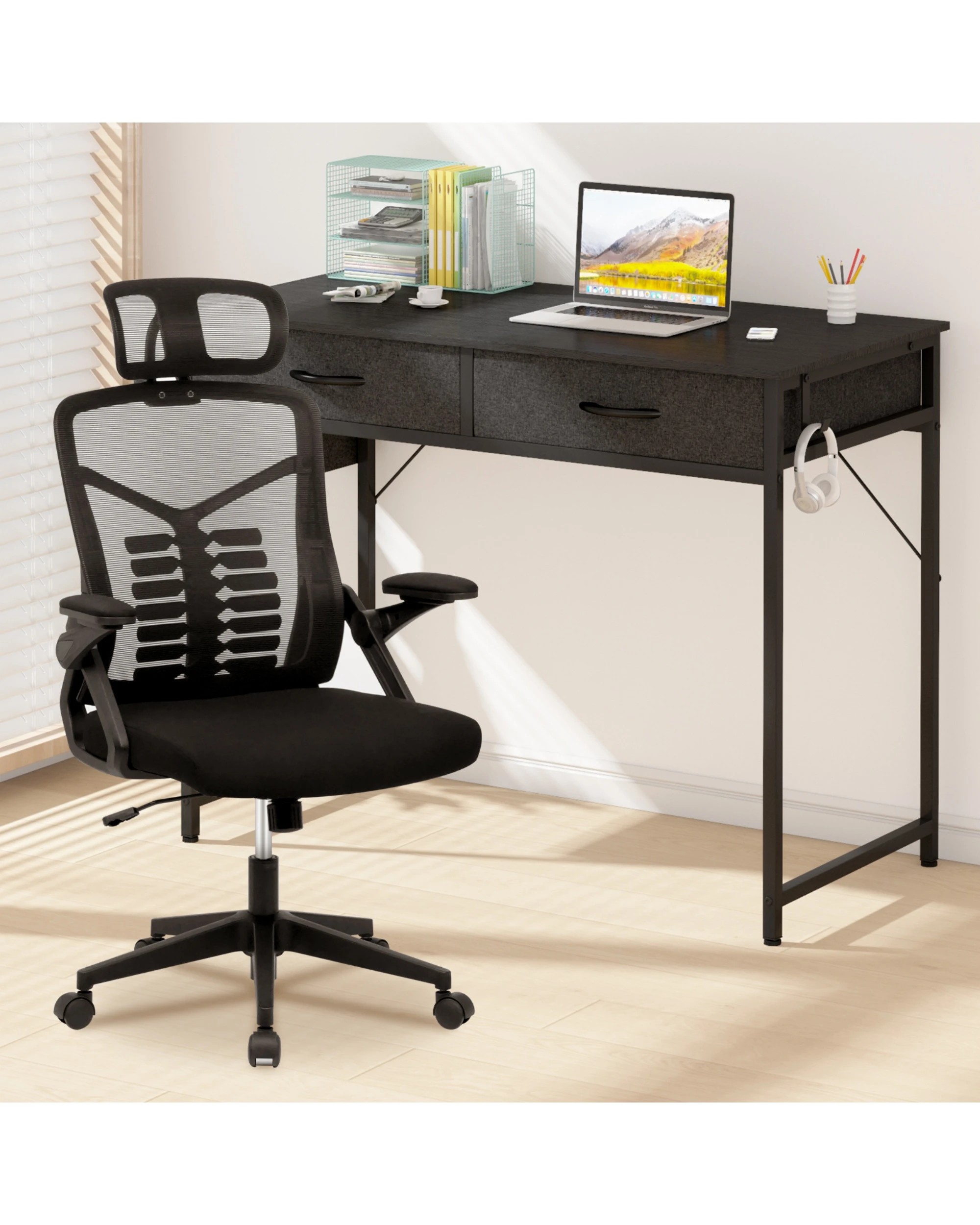 9 Advwin 100cm Small Desk With 2 Drawers And Storage Bag Makeup Vanity Desk Black, 9 of 9