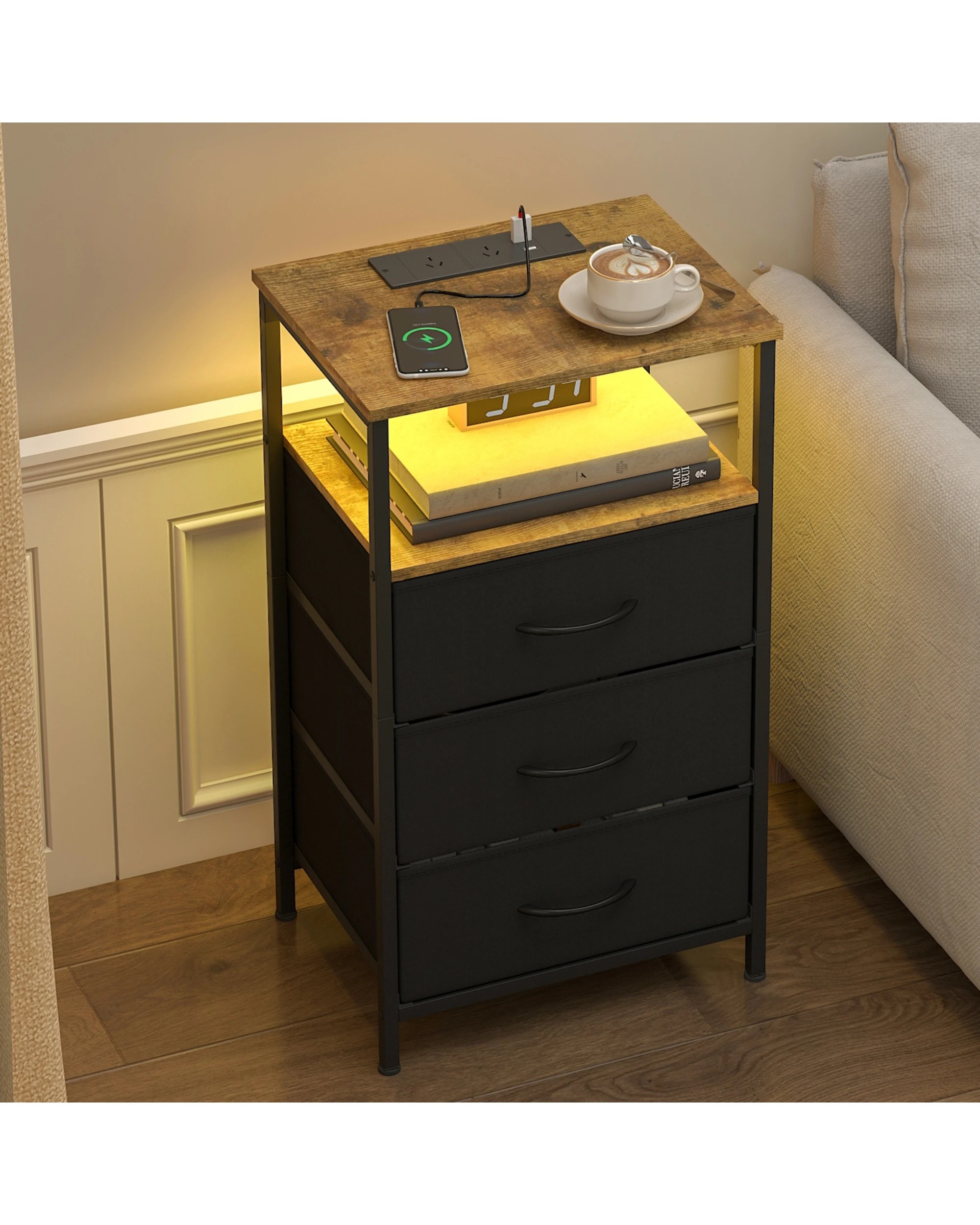 4 Advwin Led Bedside Table with Charging Station 3 Fabric Drawers - Brown, 4 of 5