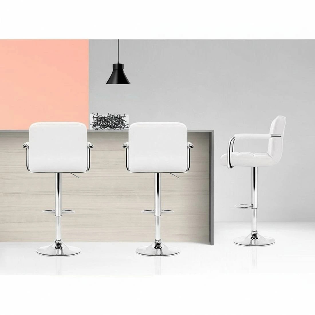 7 Artiss 2x Bar Stools Leather Gas Lift w/Armrest - White, 7 of 8