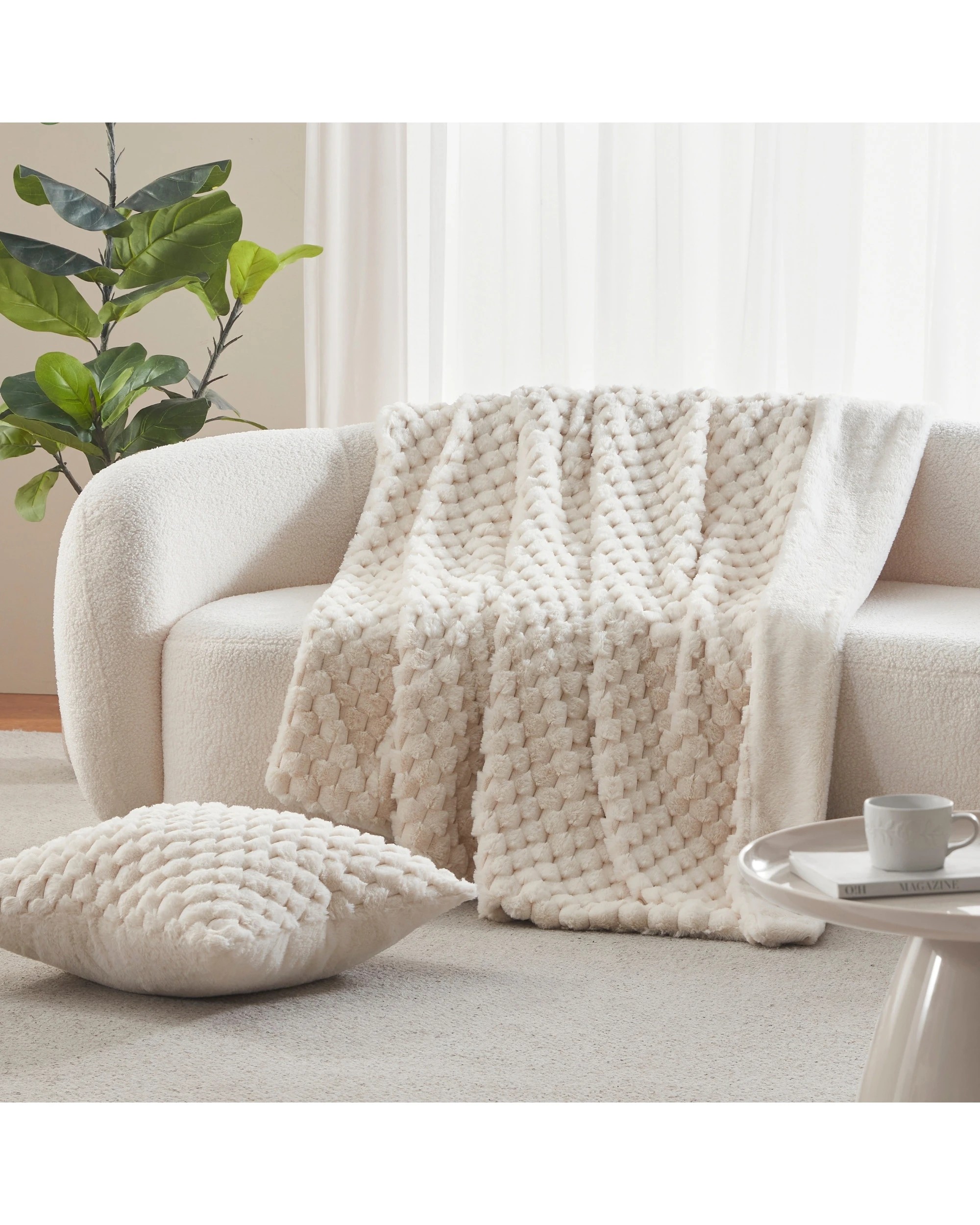 1 Dreamaker Emmett Textured Faux Fur Throw 130x170cm - Cream, 1 of 6