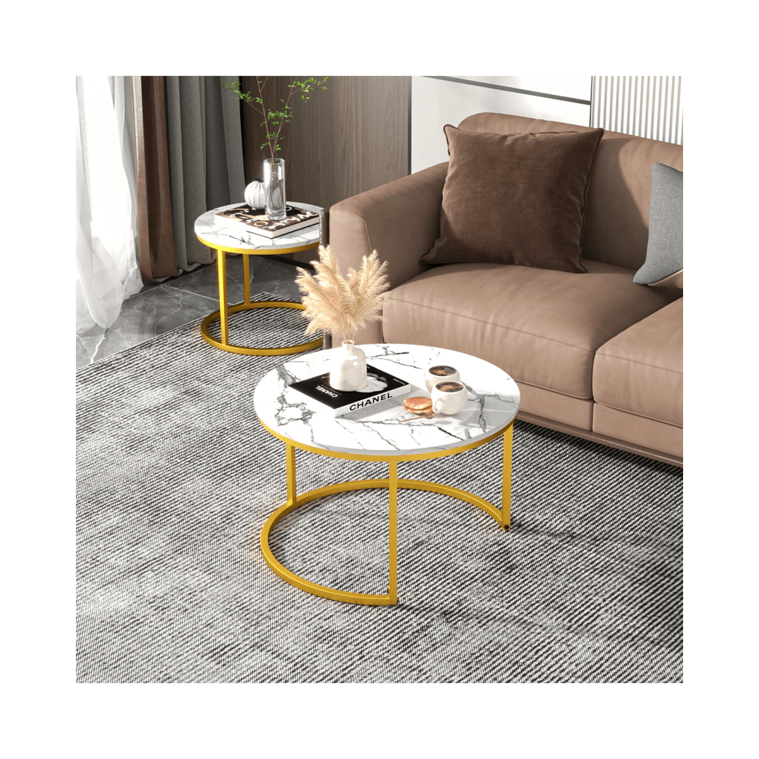 4 Advwin Nesting Coffee Table Marble Finish 65 & 45cm Gold Frame Round White, 4 of 8