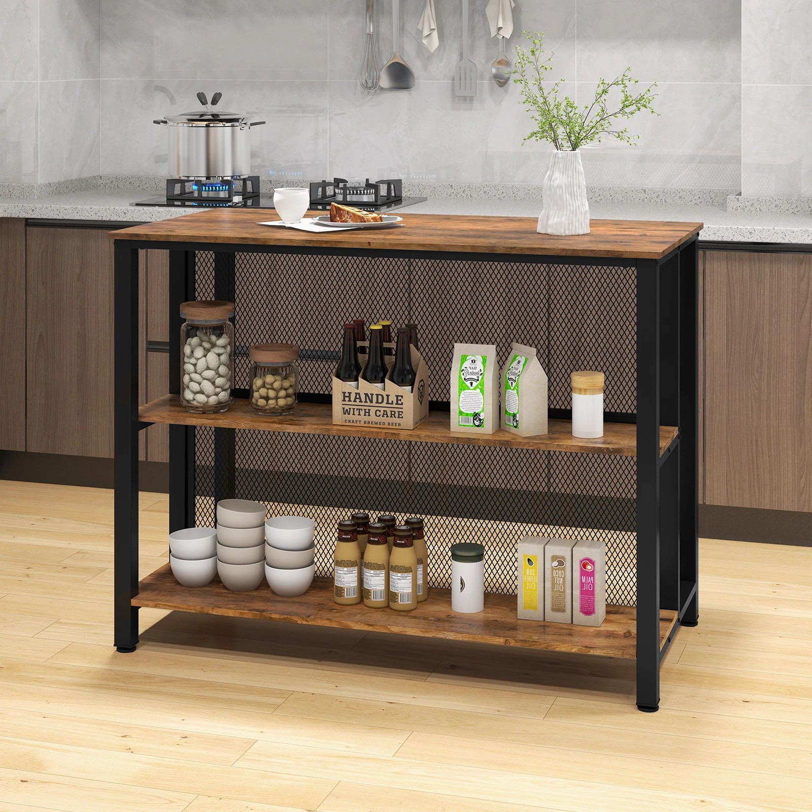 2 Costway 2-in-1 Kitchen Buffet Island 3-Tier Shelf Wooden Wine Bar Table Storage Cupboard, 2 of 4
