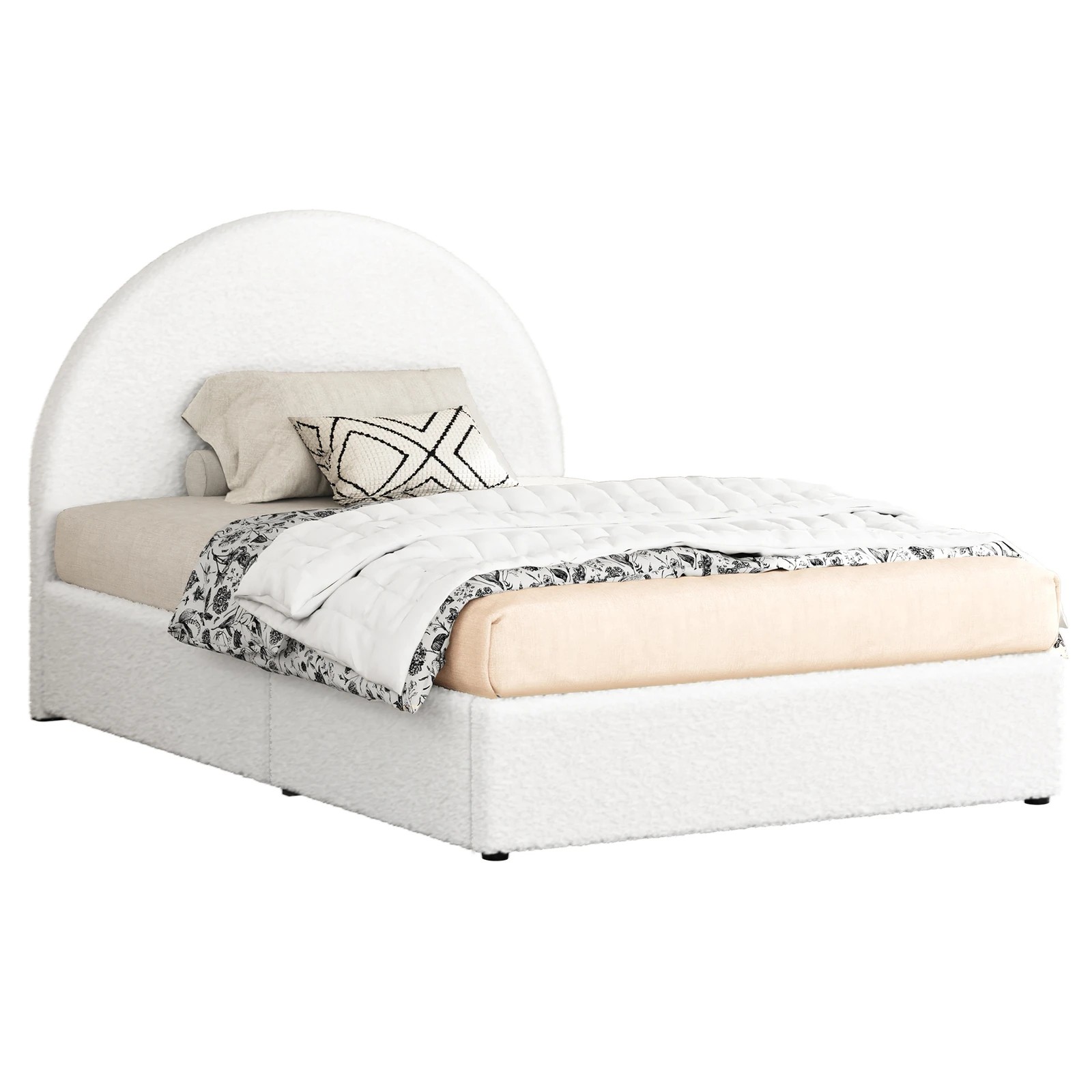 1 Alfordson Bed Frame Single Size Arched Base Gas Lift Storage Boucle Hoult - White, 1 of 10