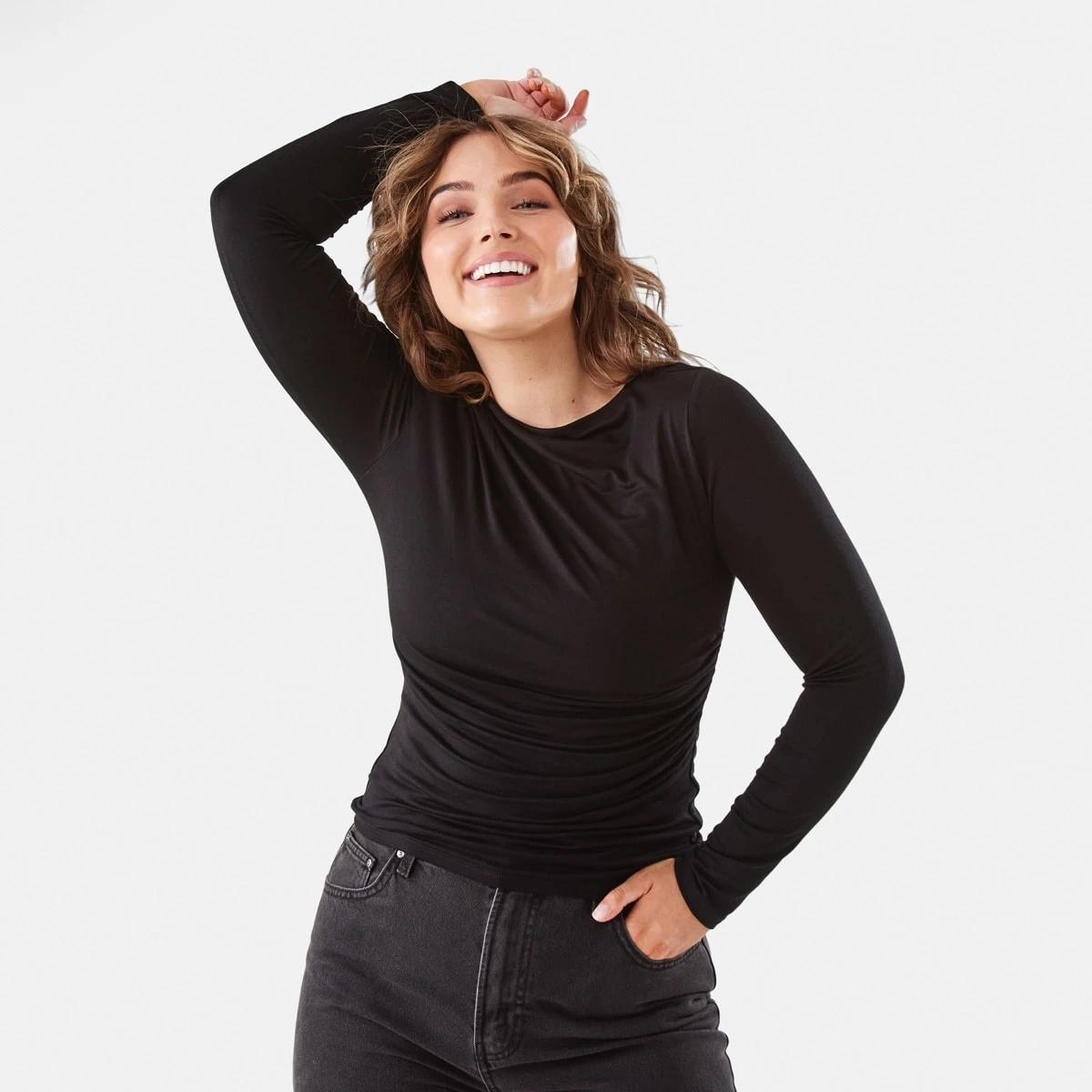1 Long Sleeve Ruched Shoulder Top Black, 1 of 7