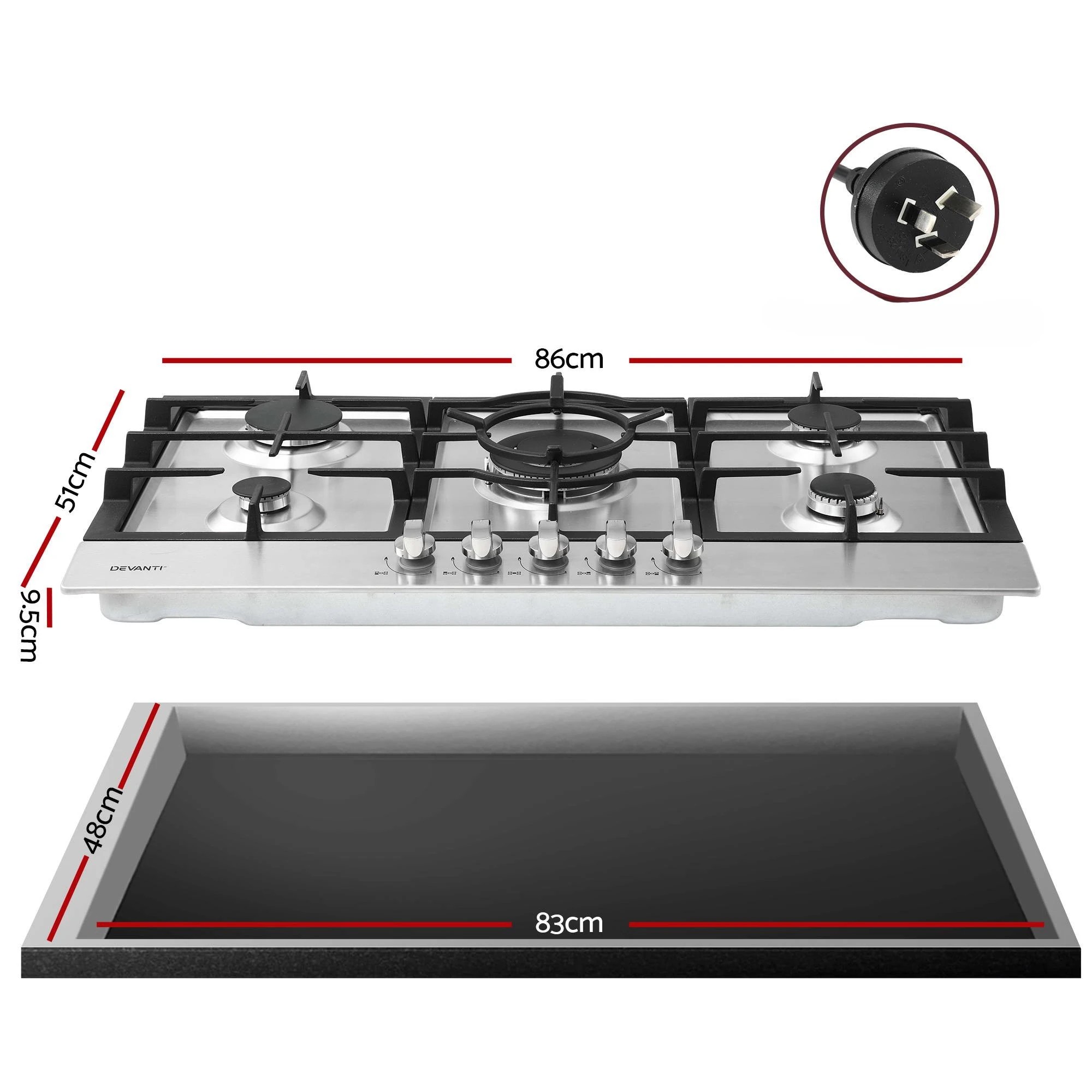 3 Devanti 90cm Gas Cooktop 5 Burner LPG NG Stainless Steel Hob Cast Iron Pan Support - Silver, 3 of 9