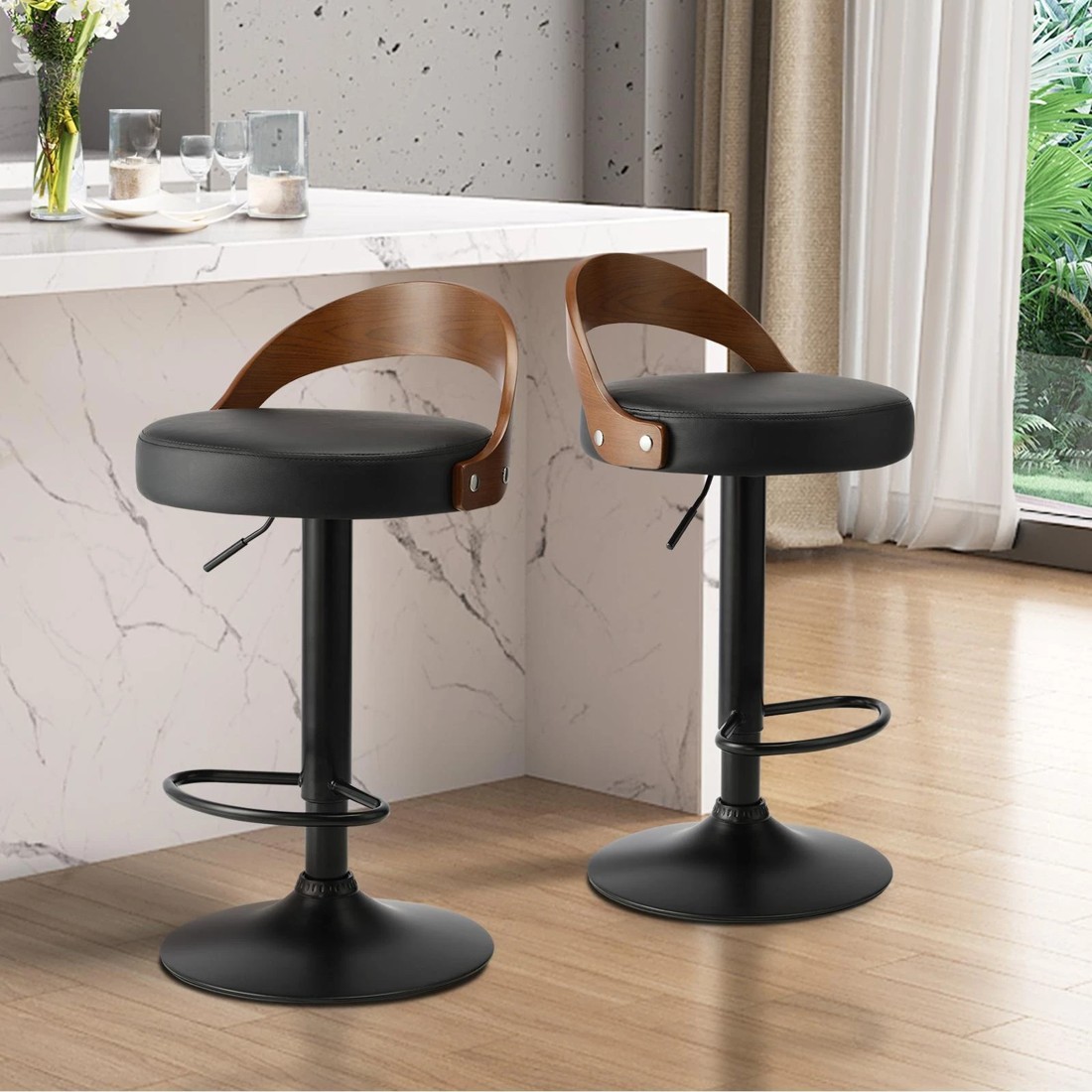 2 Oikiture Kitchen Bar Stools Gas Lift Swivel Chairs Stool Wooden Pu Leather X2
 - Black, 2 of 9