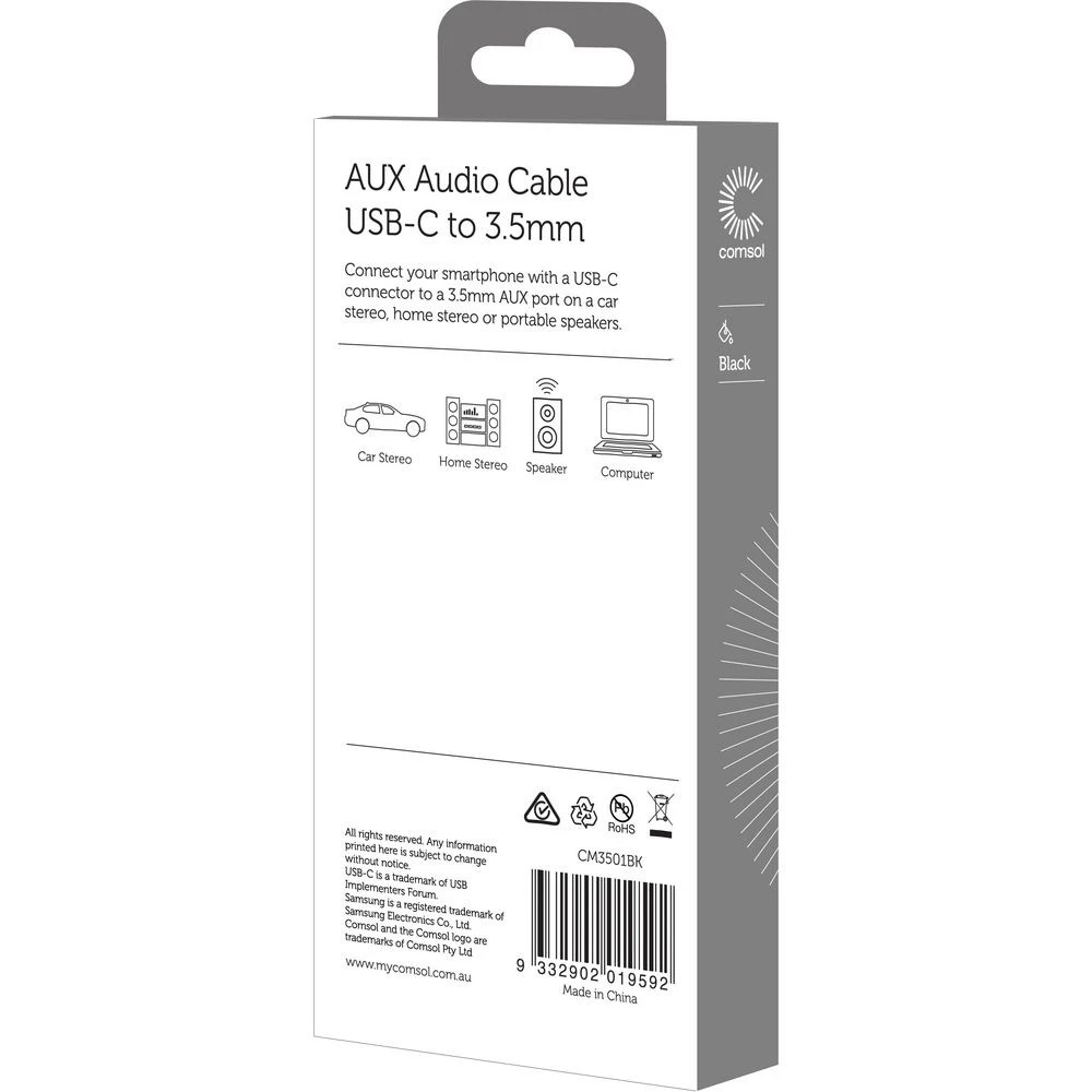 2 Comsol USB-C to 3.5mm Audio Cable 1m Black, 2 of 3