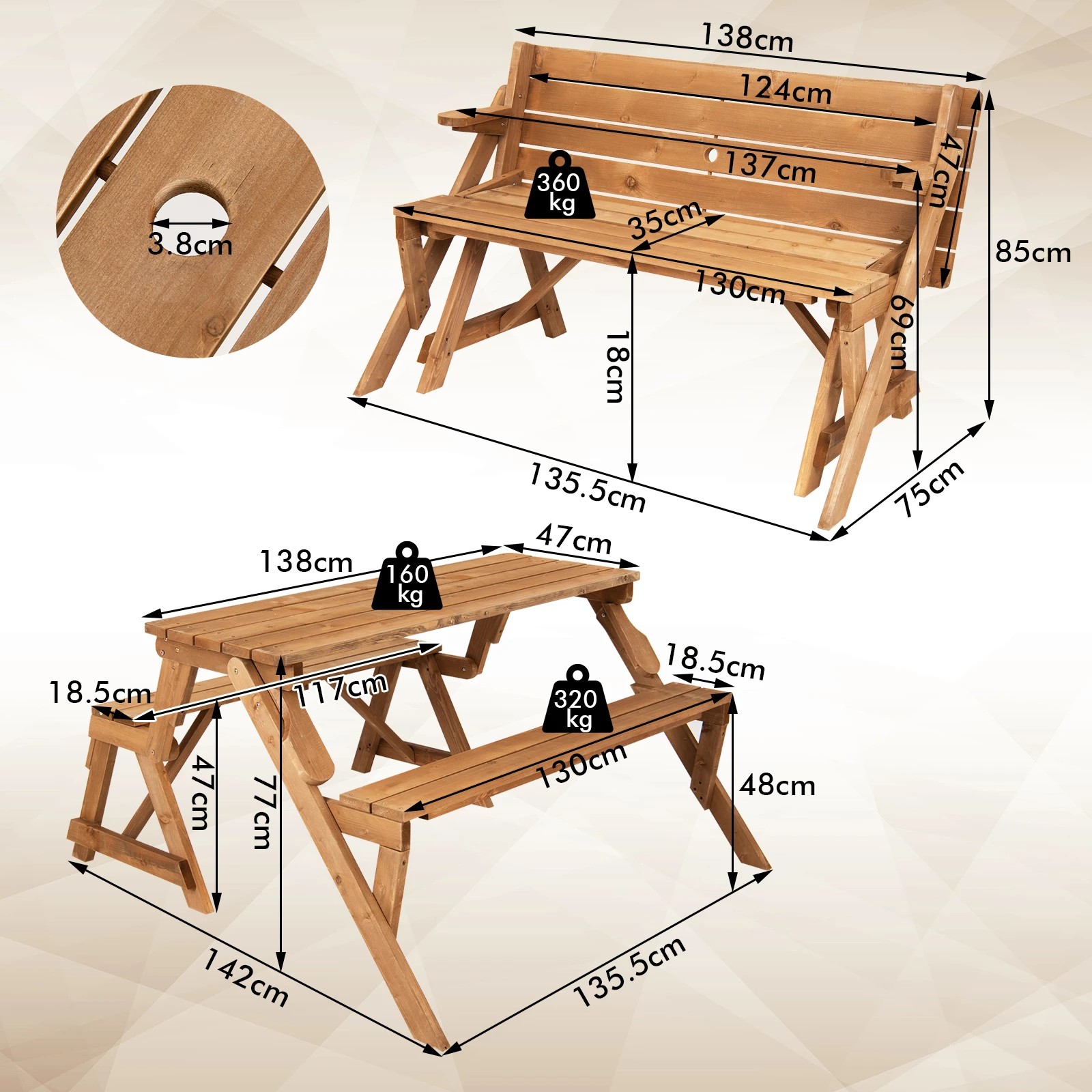 2 Costway 2-in-1 Convertible Picnic Table Wood Patio Dining Set w/Umbrella Hole, 2 of 5