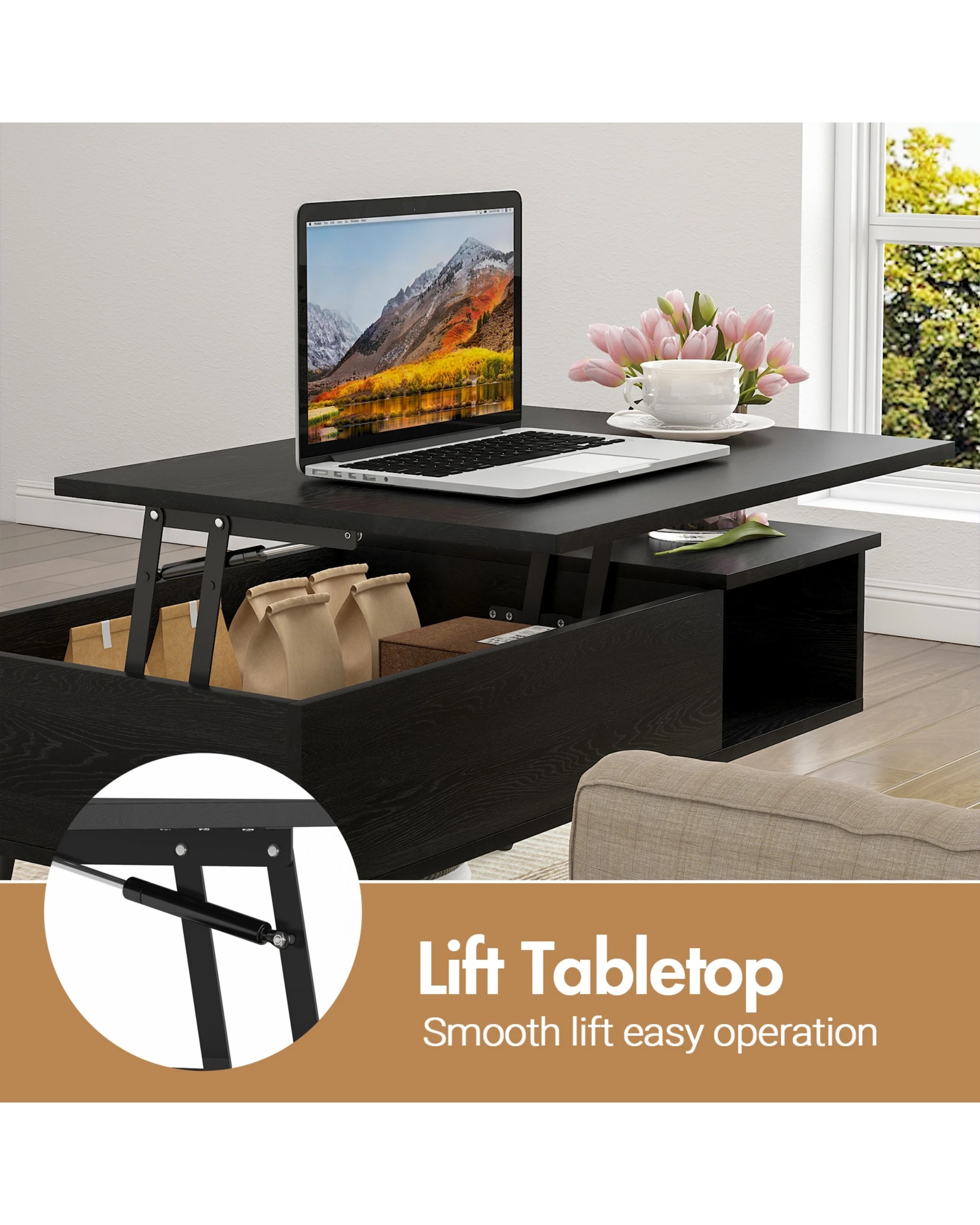 5 Advwin Lift Up Top Coffee Table Side Table w/ Hidden Storage & Shelf Black, 5 of 8