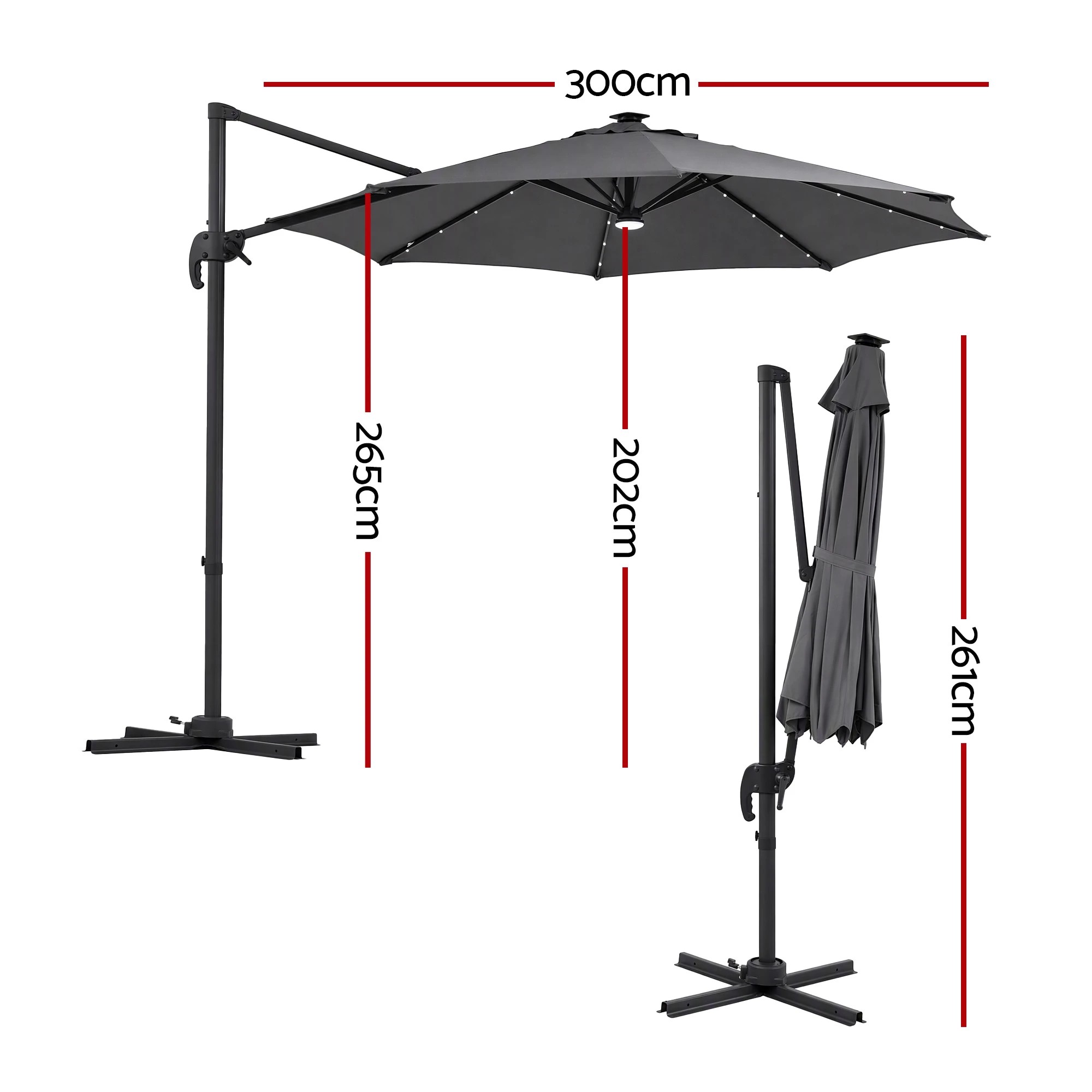 2 Instahut Outdoor Umbrella 3m Solar LED Offset Cantilever Patio Parasol - Charcoal, 2 of 10