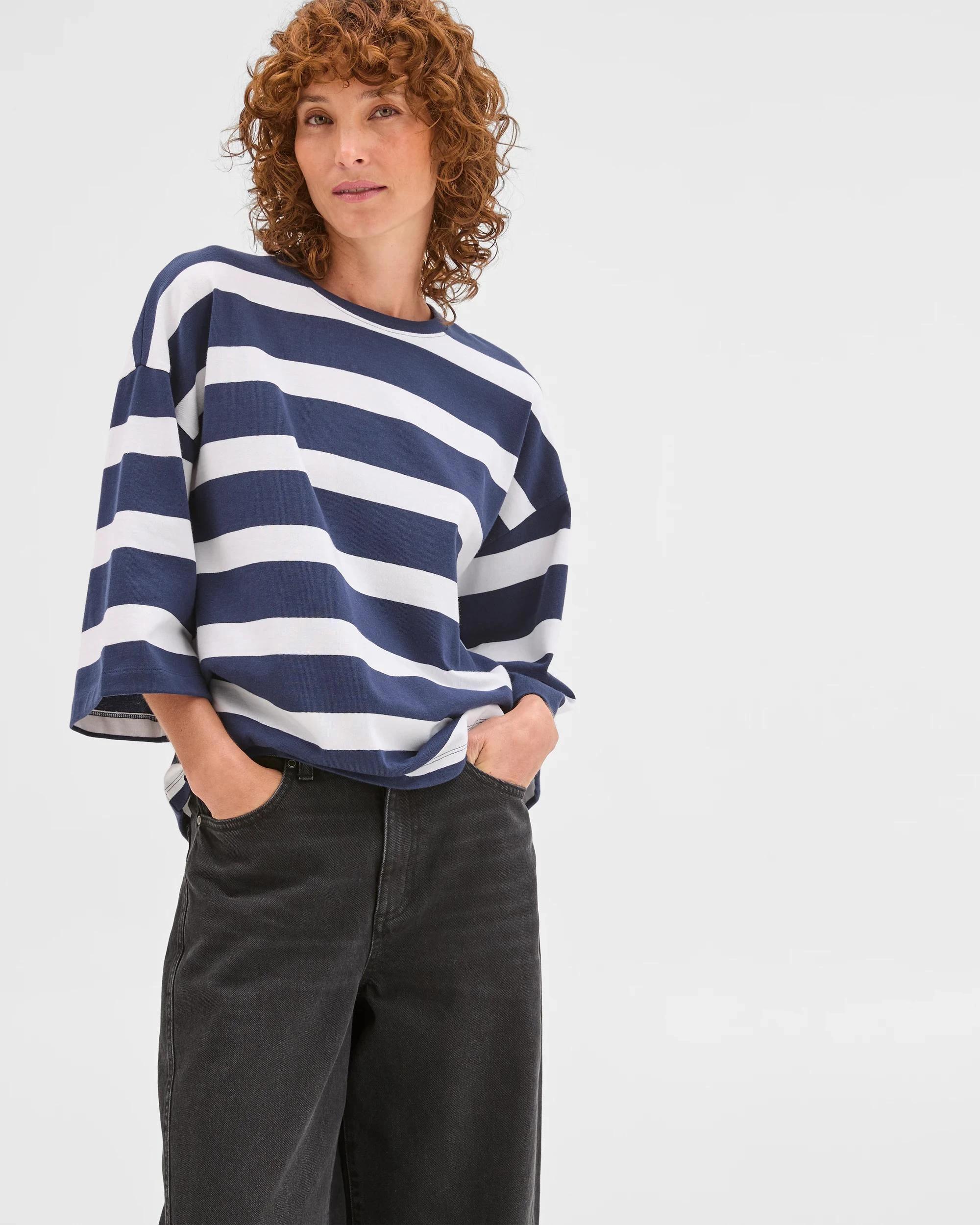 1 Target Woman Australian Cotton 3/4 Length Wide Sleeve Boxy T-Shirt NAVY + WHITE, 1 of 7