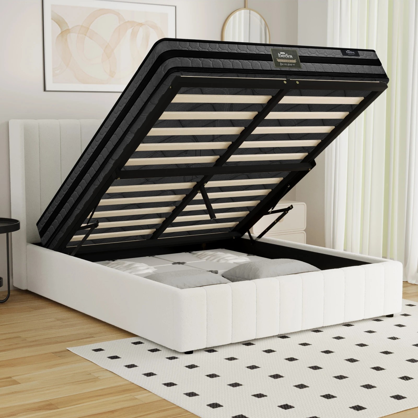 5 Oikiture Bed Frame Double Size Gas Lift Storage Boucle Beds W/ Mattress Set BILY - White, 5 of 8