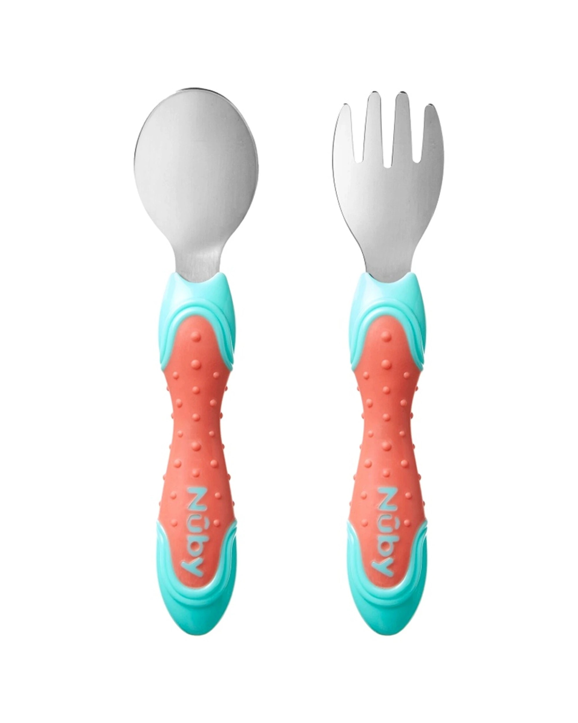 1 Nuby 2pc Stainless Steel Fork Spoon Set Easy Grip Baby Feeding - Multi, 1 of 2
