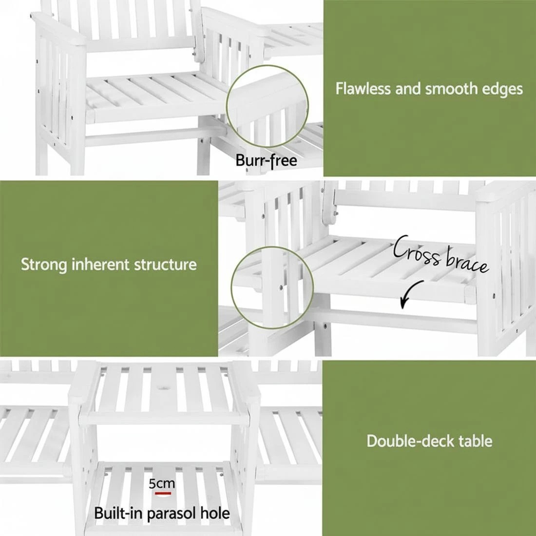 6 Gardeon Outdoor Garden Bench Loveseat Wooden Table Chairs Patio Furniture - White, 6 of 7