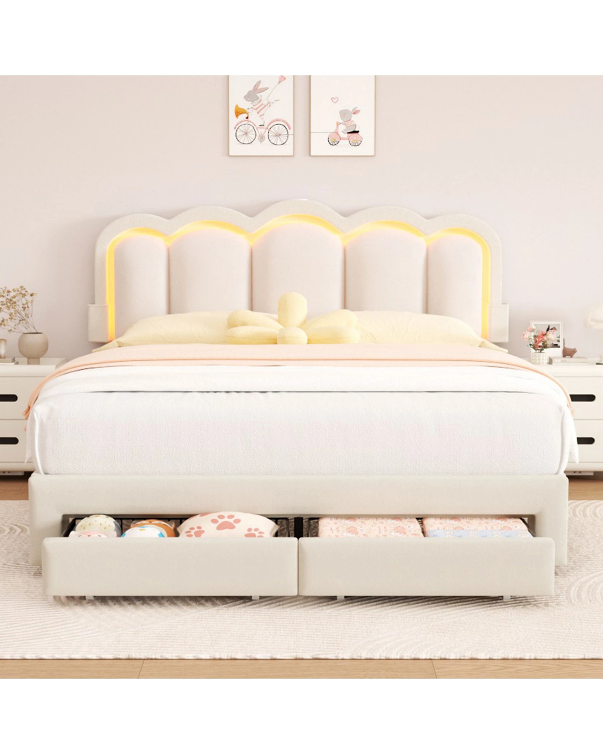 2 Advwin LED Bed Frame with Adjustable Headboard and 2 Storage Drawers USB Velvet Double - Beige, 2 of 8