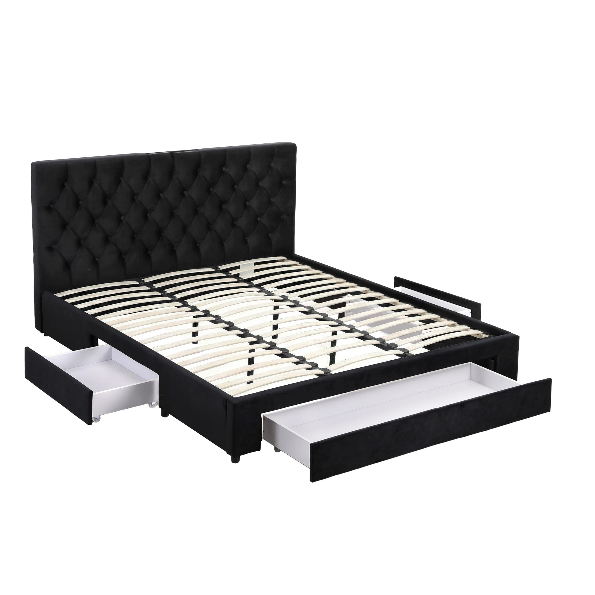 1 Artiss King Bed Frame Storage Charging Station Upholste 3 Drawers USB - Black, 1 of 8