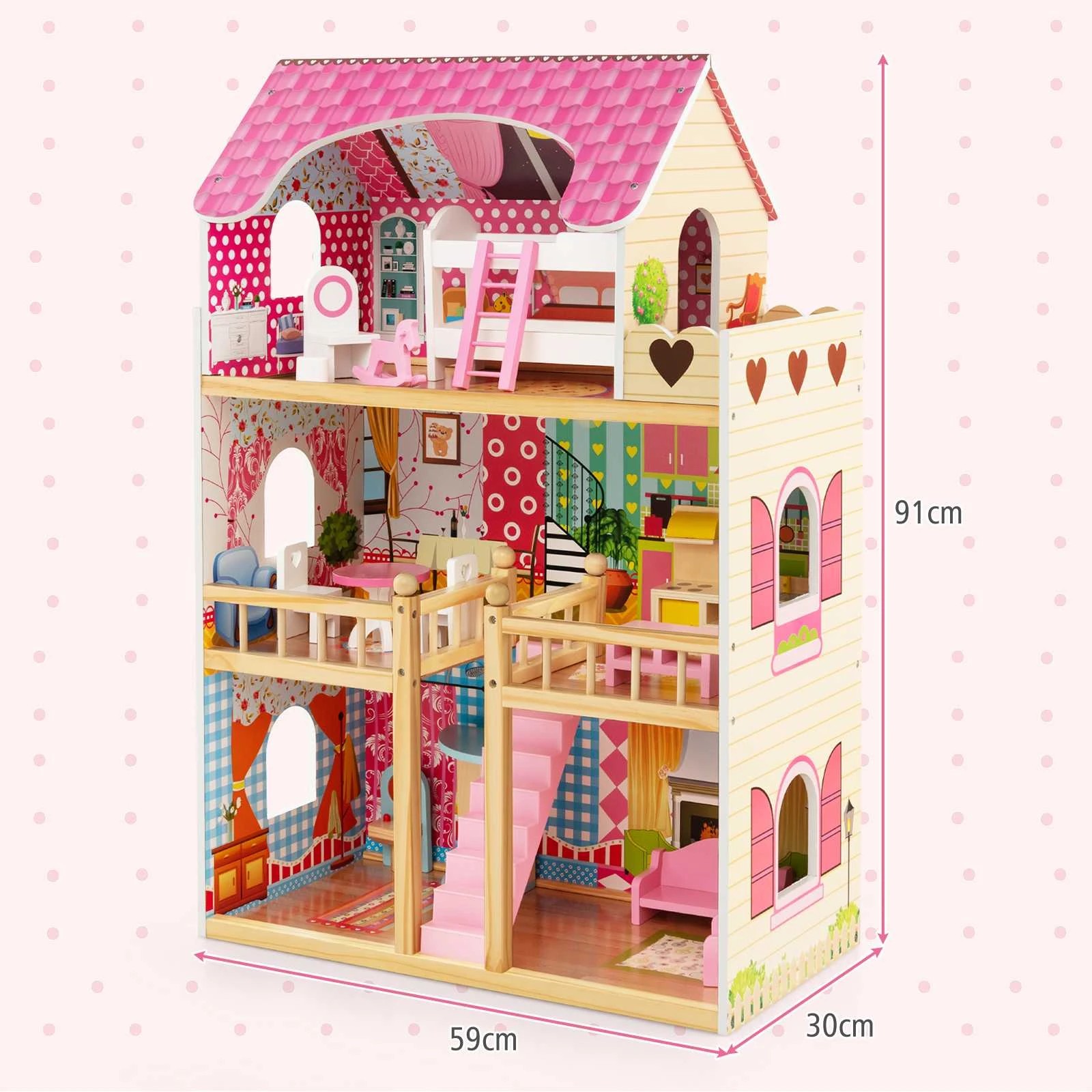 2 Costway 3-Story Pretend Play DollHouse Wooden Dollhouse w/6 Rooms & 15 Furniture - Pink, 2 of 3