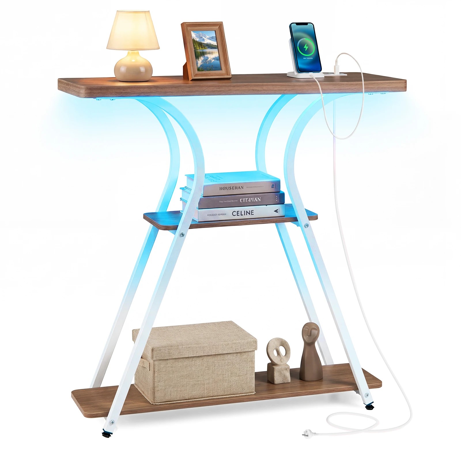 5 Costway 3-Tier Console Table w/Power Outlets LED Narrow Behind Couch Table - Natural, 5 of 6