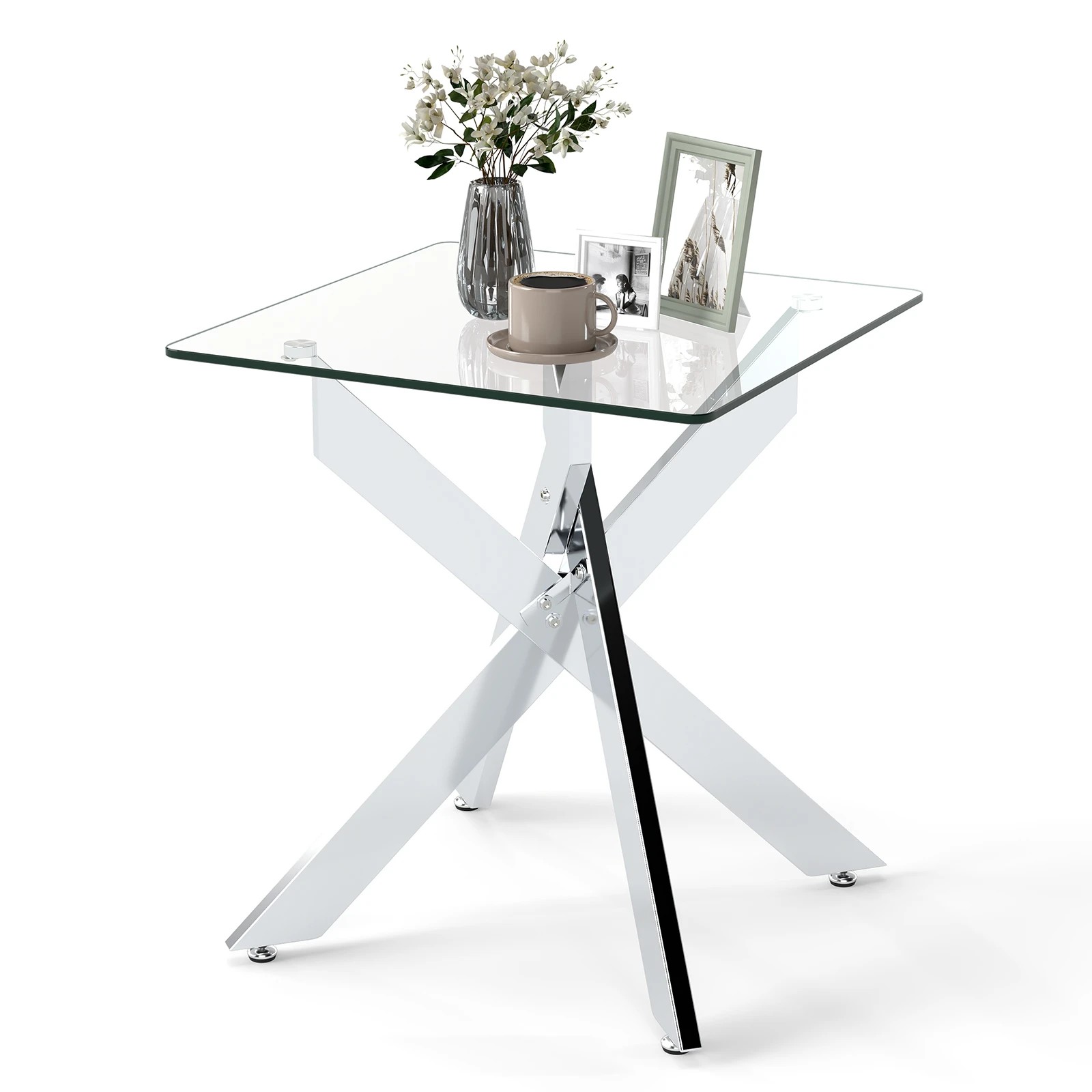 3 Costway Glass Side Table Square Bedside End Table w/Metal X Base, 3 of 3