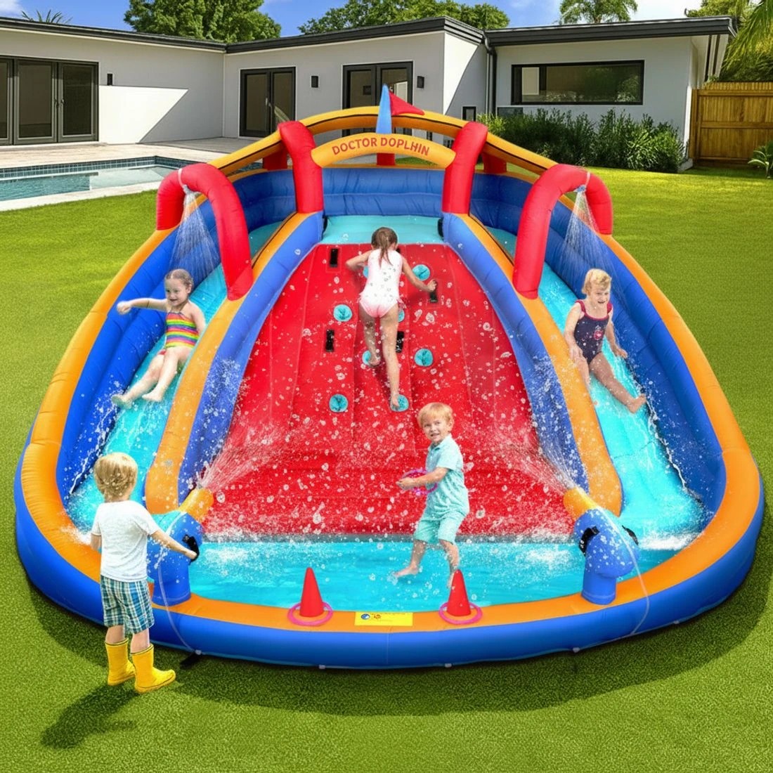6 Kids Inflatable Pool Water Slide Cannon Splash Park Toss Game 408X386CM - Multi, 6 of 6
