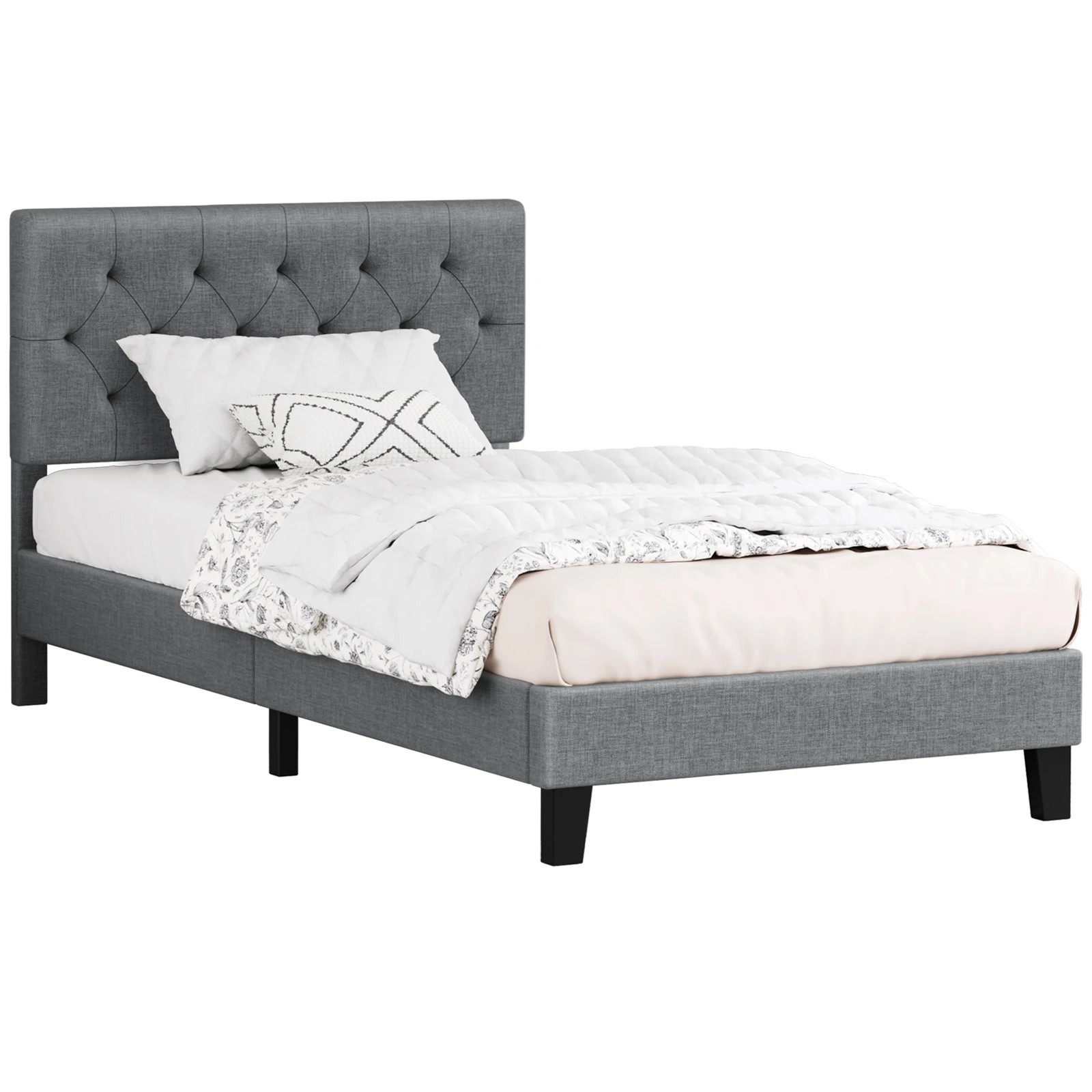 1 Alfordson Bed Frame King Single Tufted Headboard Modern Fabric Meduna - Grey, 1 of 9