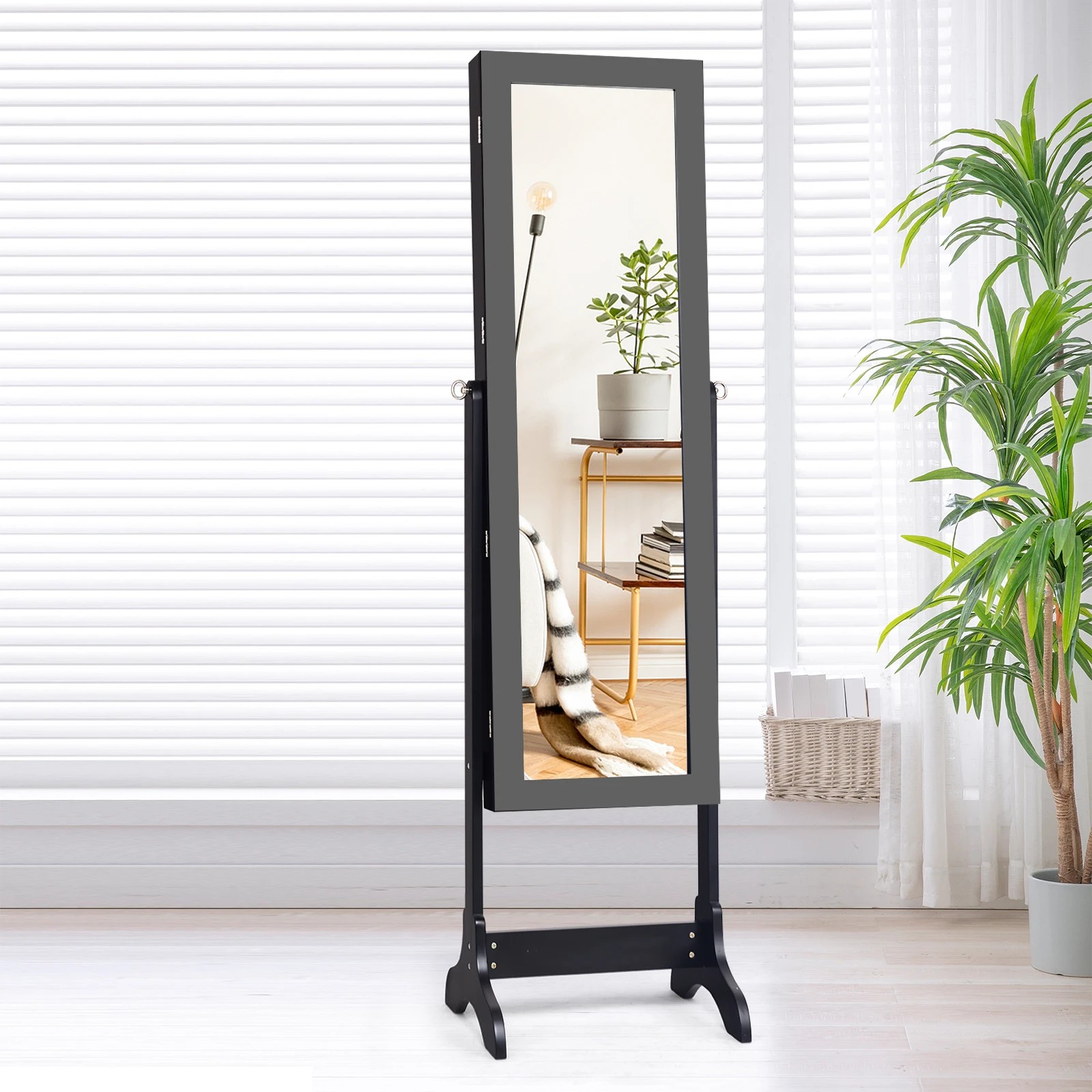 2 Costway Jewellery Cabinet Makeup Storage Organiser w/Full-Length Mirror Floor Jewellery Armoire - Black, 2 of 5
